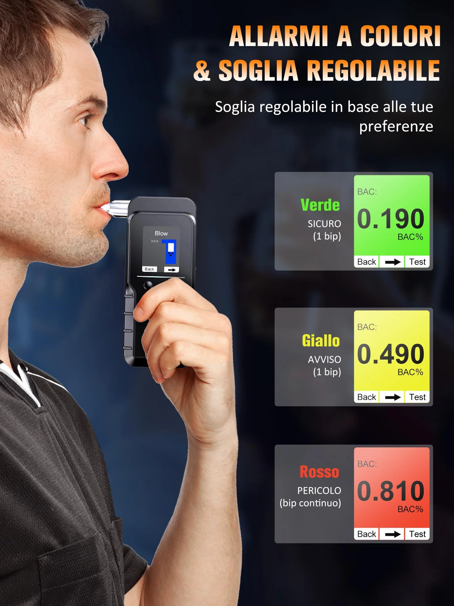 Etilometro Portatile Certificato con Sensore Elettrochimico Professionale Ricaricabile Alcol Test Digitale con Memoria Breathalyzer di Precisione Display LCD Blu