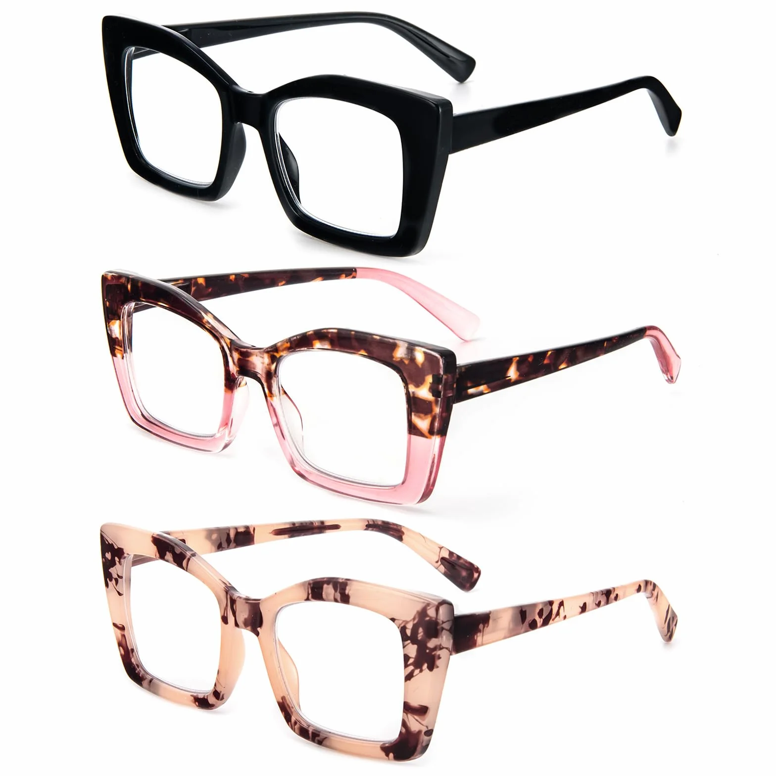 KoKoBin Occhiali da lettura quadrati Oversized con cerniere a molla per computer 3 Pack (Nero/Rosa Leopardo/Leopardo Rosa, Diottria)