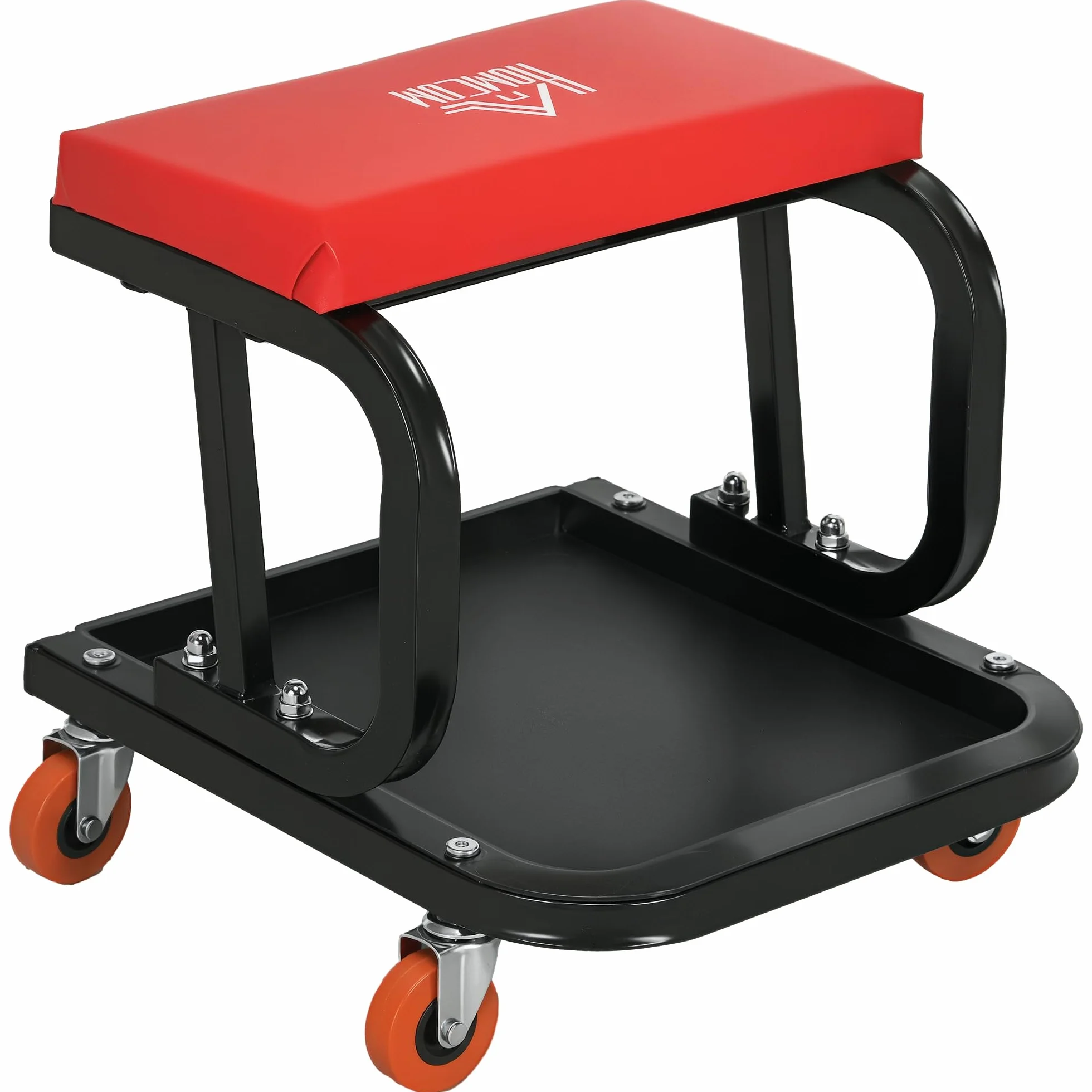 HOMCOM Sgabello da Officina con Ruote e Vassoio Porta Attrezzi, 38x35x37cm, Rosso