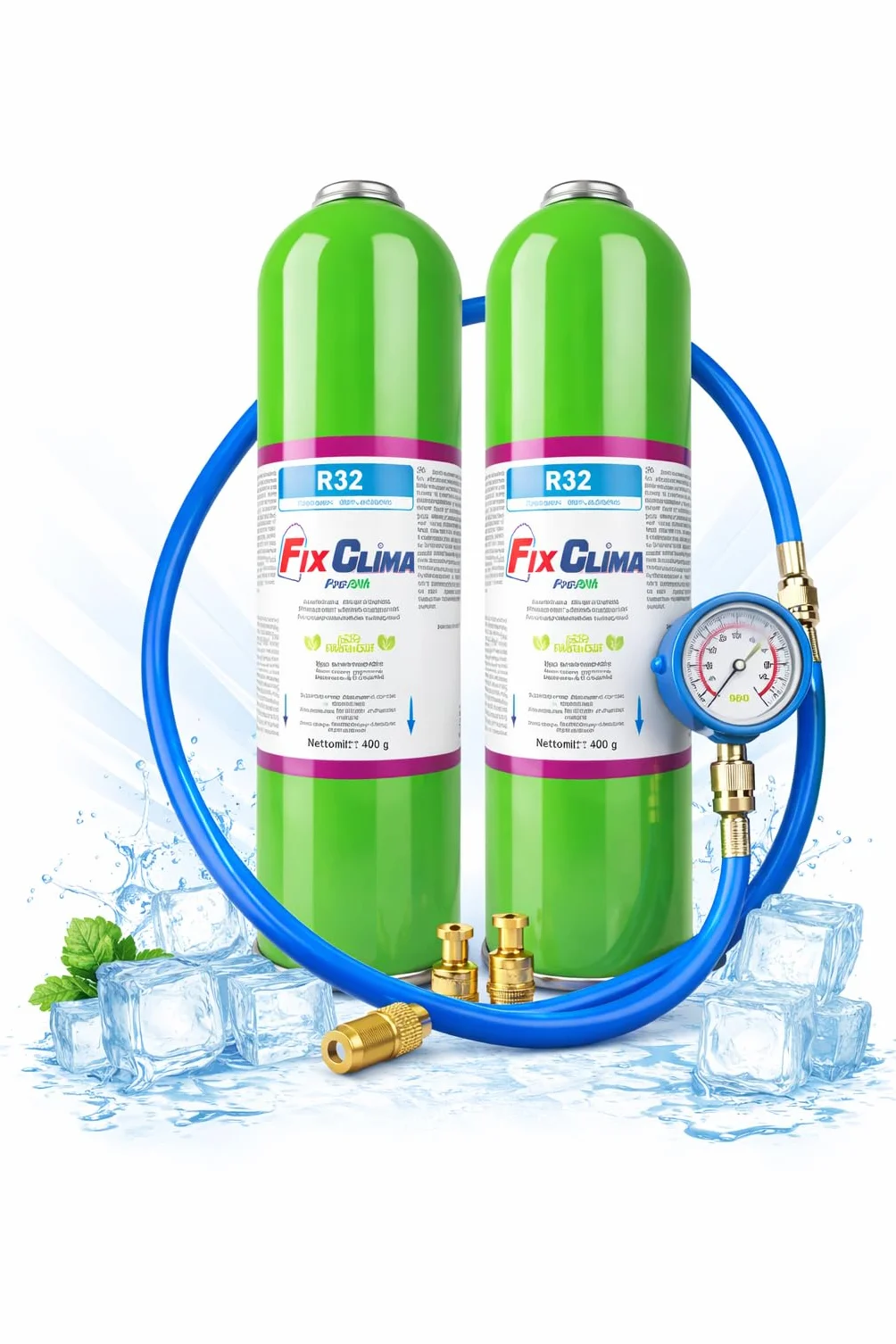 FixClima R32 - Refrigerante 2 x 400 g, con tubo, manometro e adattatore, gas di ricarica per condizionatori d'aria per sistemi split e monoblocco, forte capacità di raffreddamento, qualità