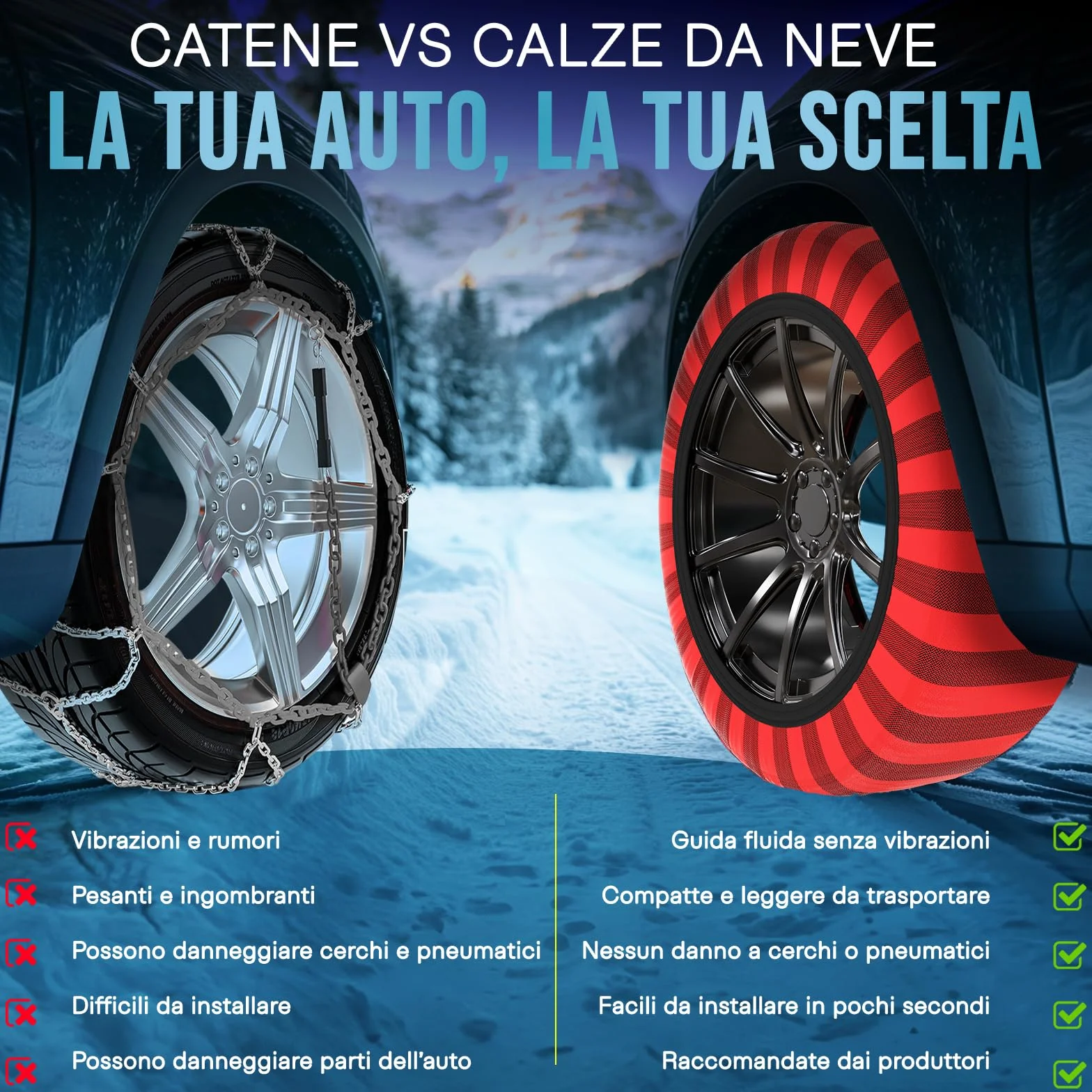ISSE Calze da Neve Omologate Italia EN 16662-1 – 2 Catene da Neve in Tessuto per Auto Facili da Installare - Resistenti - Guanti Inclusi T70