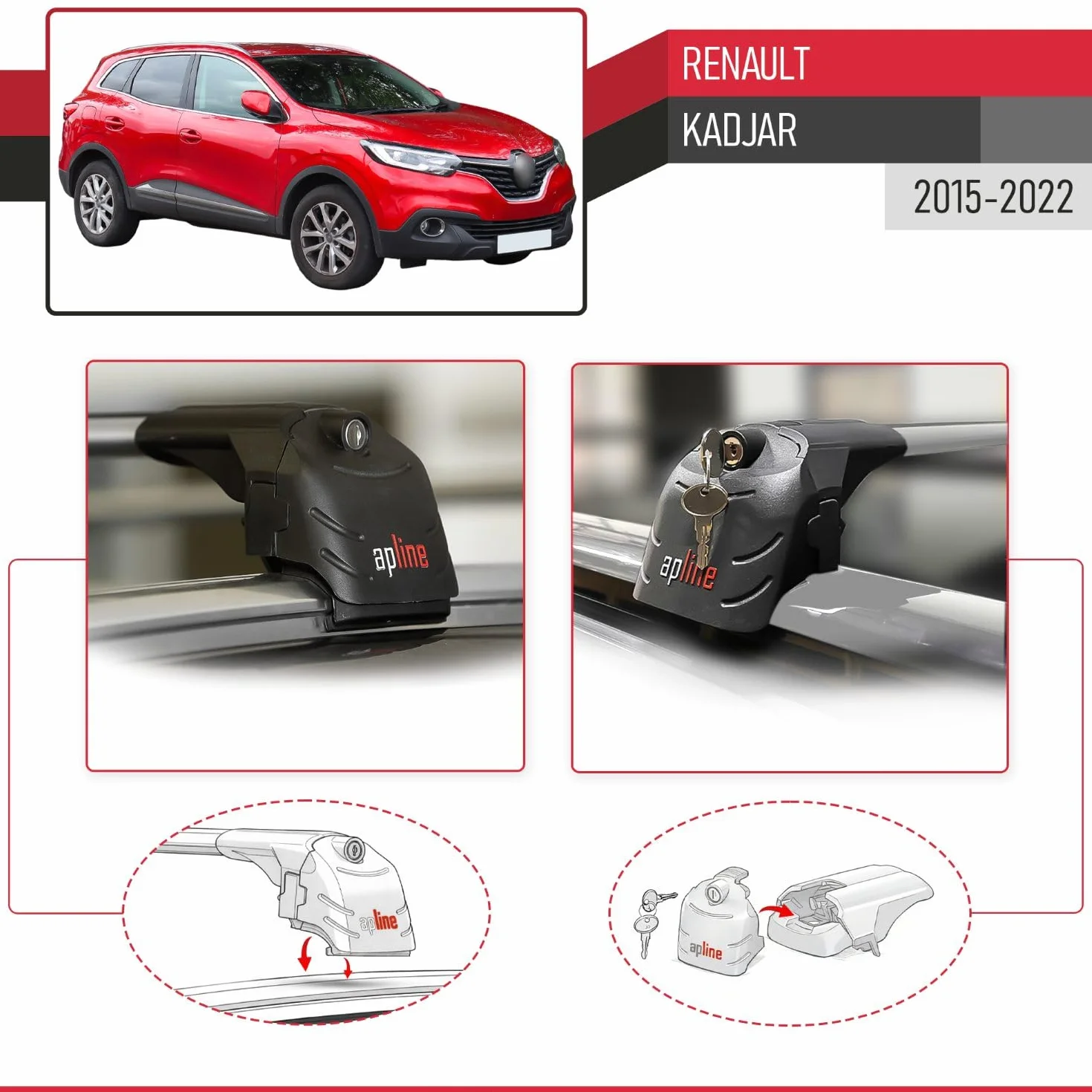 Compatibile con Renault Kadjar 2015-2022 Modello ACE-2 Barre Tetto Portapacchi Auto Barre Portatutto Grigio Alluminio 2 Barre