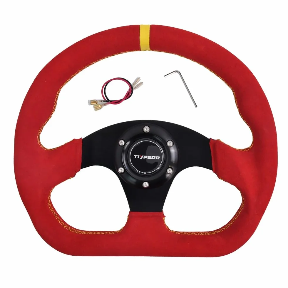 Volante da corsa a forma di D per go-kart, 320 mm (12,6"), in pelle scamosciata nera con cuciture blu, per auto sportive, drifting e simulatori di guida.