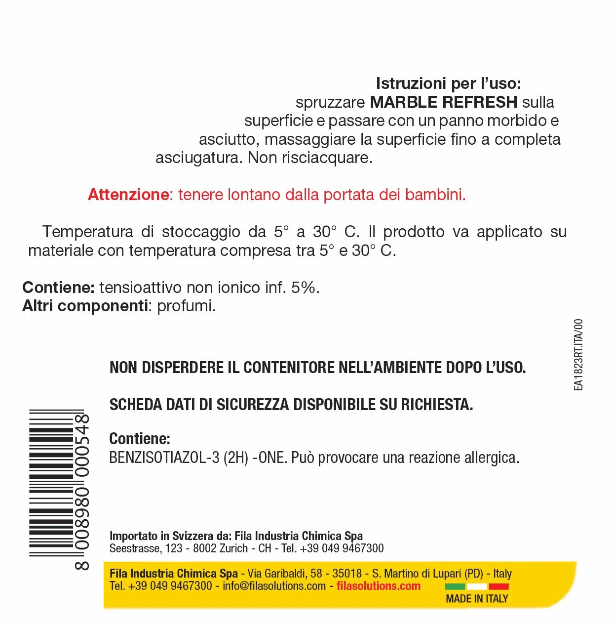 FILA MARBLE REFRESH Detergente Spray 750 ml per Marmo Quarzo Granito
