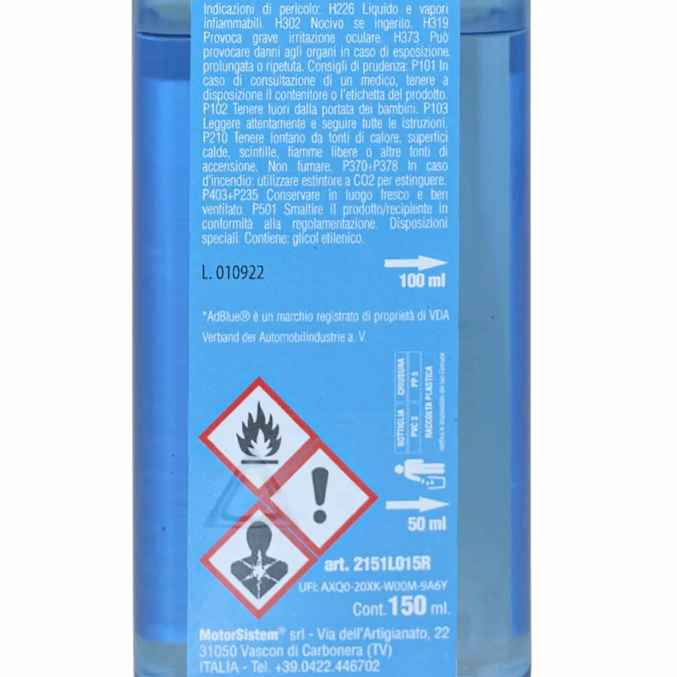 Additivo per Soluzione Urea compatibile AdBlue ISO22241, Protegge Sistema SCR, Previene ed elimina le Incrostazioni, 150ml