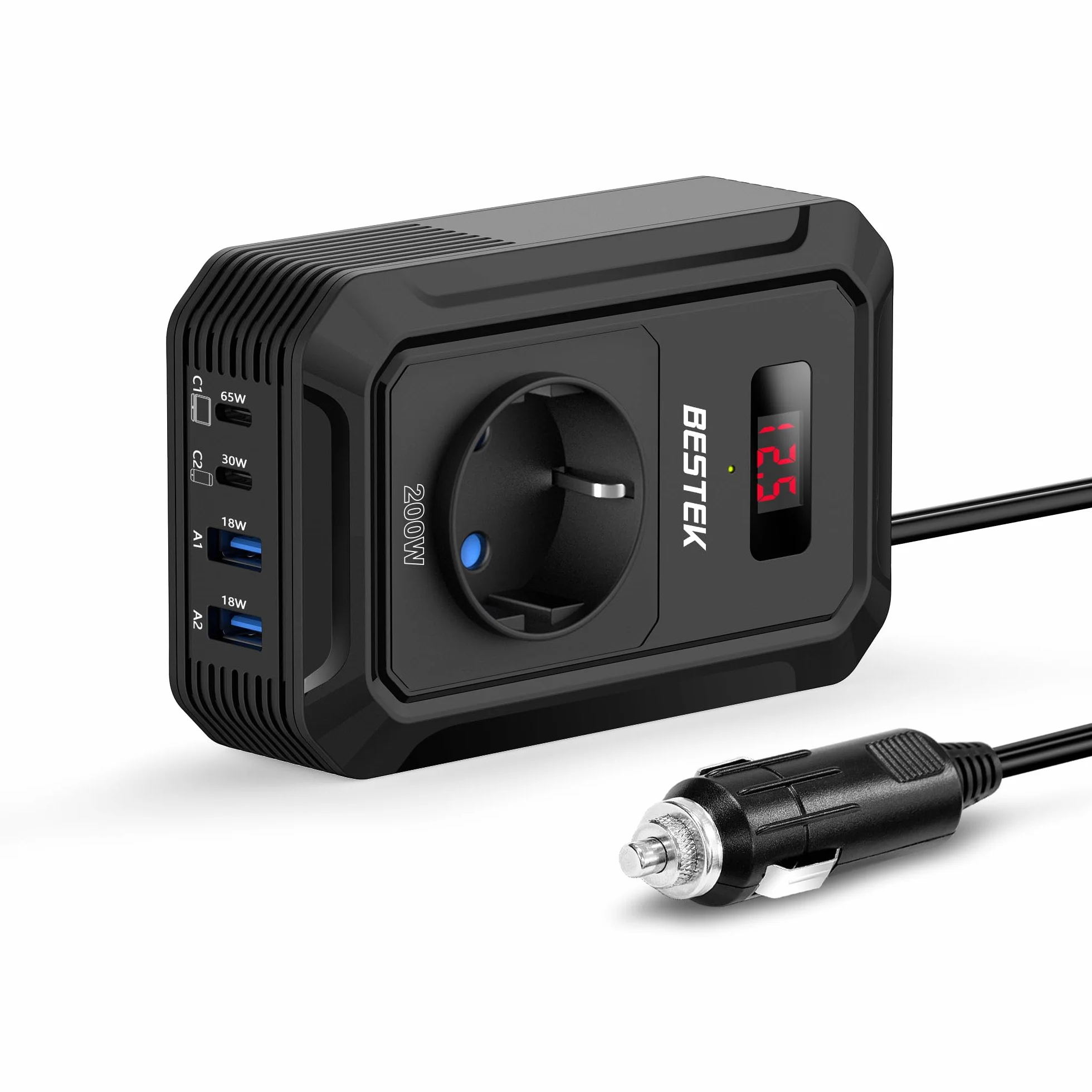 BESTEK Inverter di tensione 200 W 12 V a 240 V 230 V AC con 3 prese, 2 porte USB 18 W e 2 porte USB-C