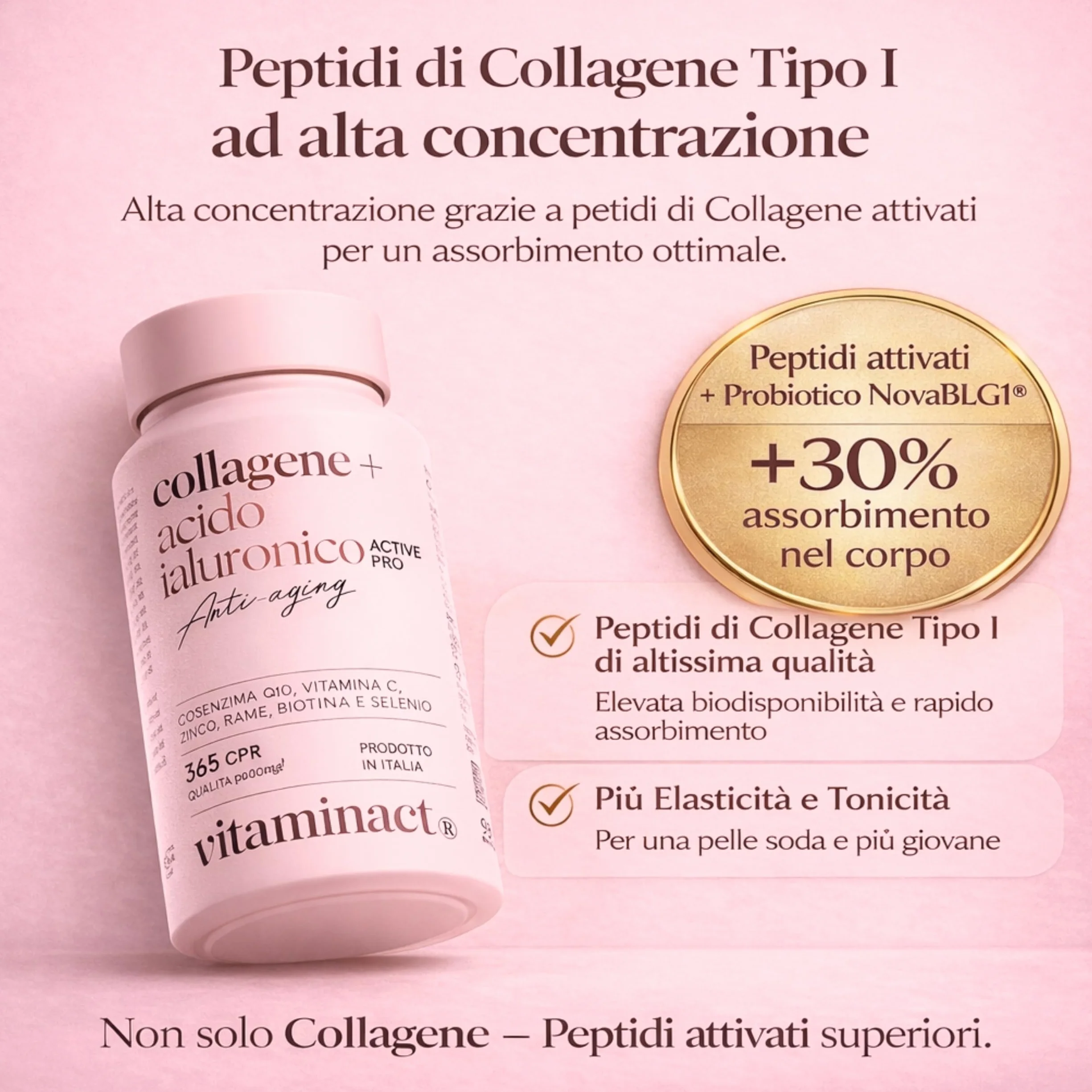 Collagene e Acido Ialuronico con Probiotico Bifidobacterium L. BLG1, Q10, Vitamina C, Zinco e Biotina