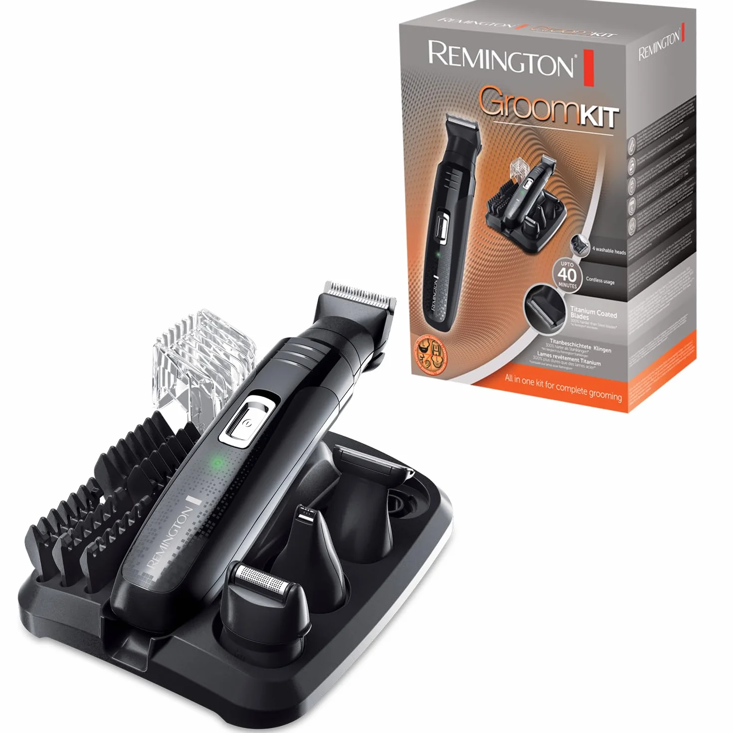 Remington GroomKit PG6130 Rasoio Elettrico Multiuso Lame Titanio 4 Testine Rimovibili
