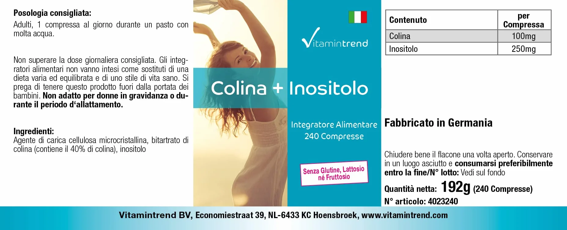 Vitamintrend Colina 100 mg + Inositolo 250 mg, 240 compresse integratore alimentare vegano
