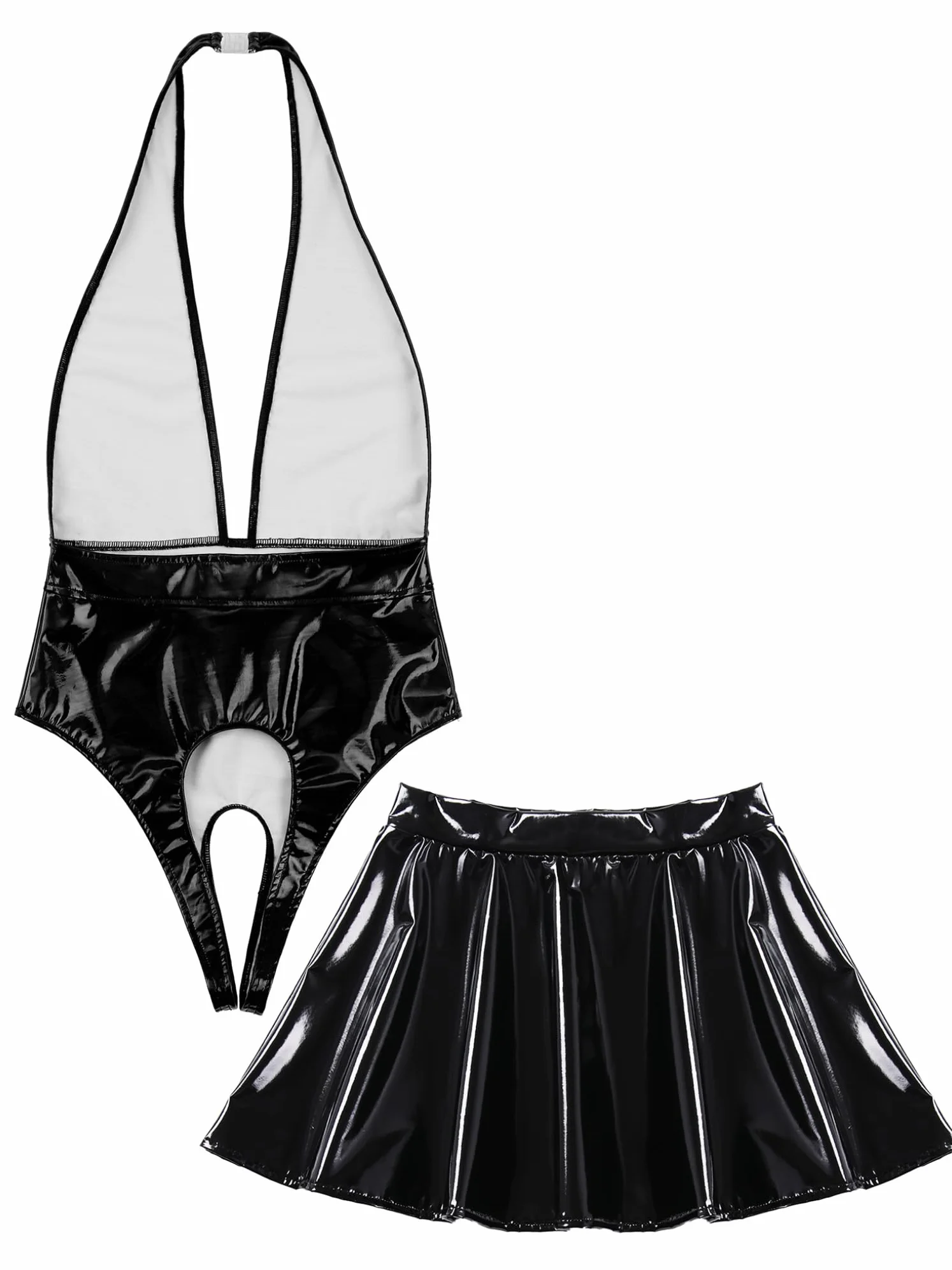 Body in Pelle Verniciata Scollo a V Leotard con Cavallo Aperto Teddy Babydoll con Gonna a Pieghe Lingerie Erotico Biancheria Intima di Cuoio