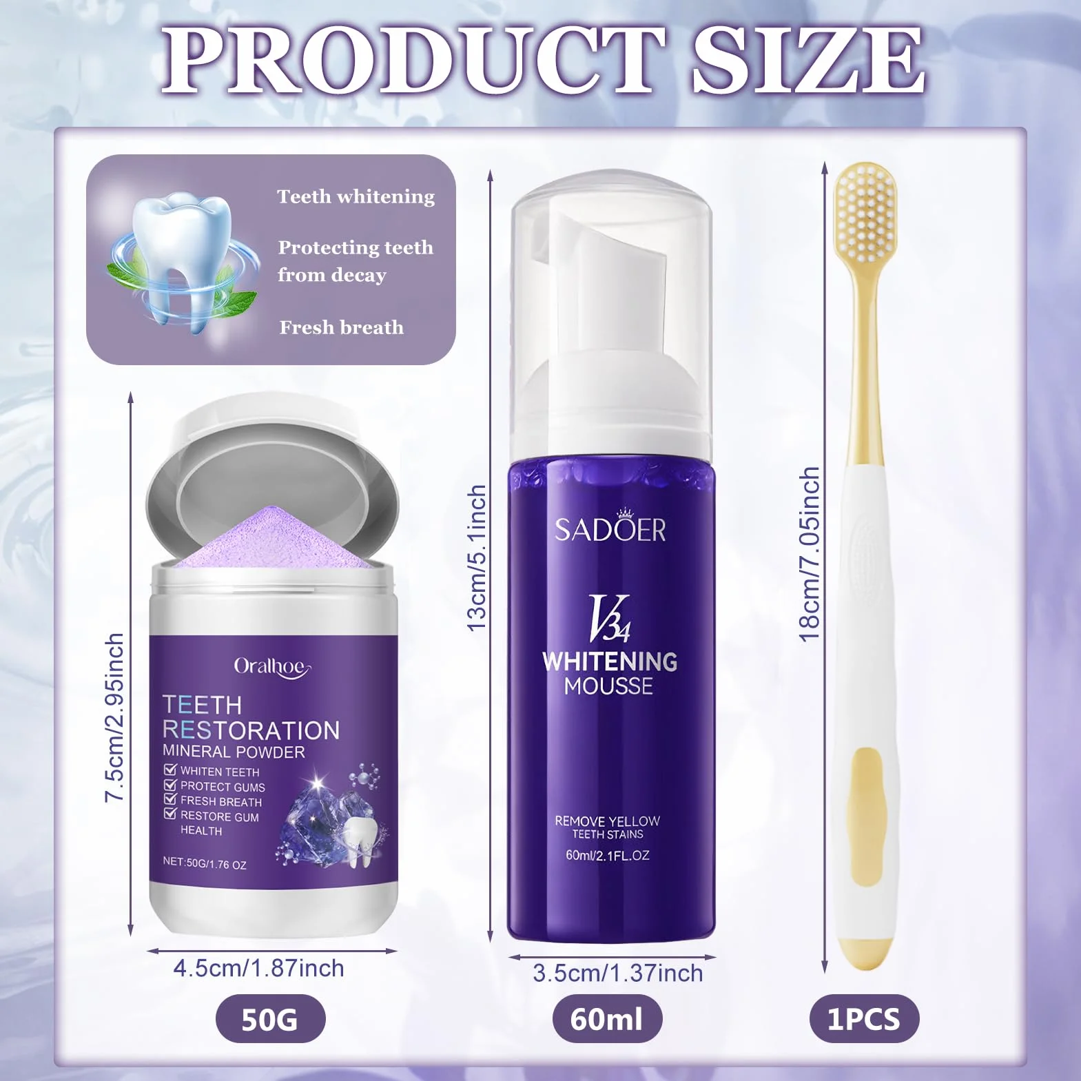 Kit Sbiancante Denti: Dentifricio Viola Sbiancante 60ml + Polvere 50g + Spazzolino, Rimozione Macchie Profonde