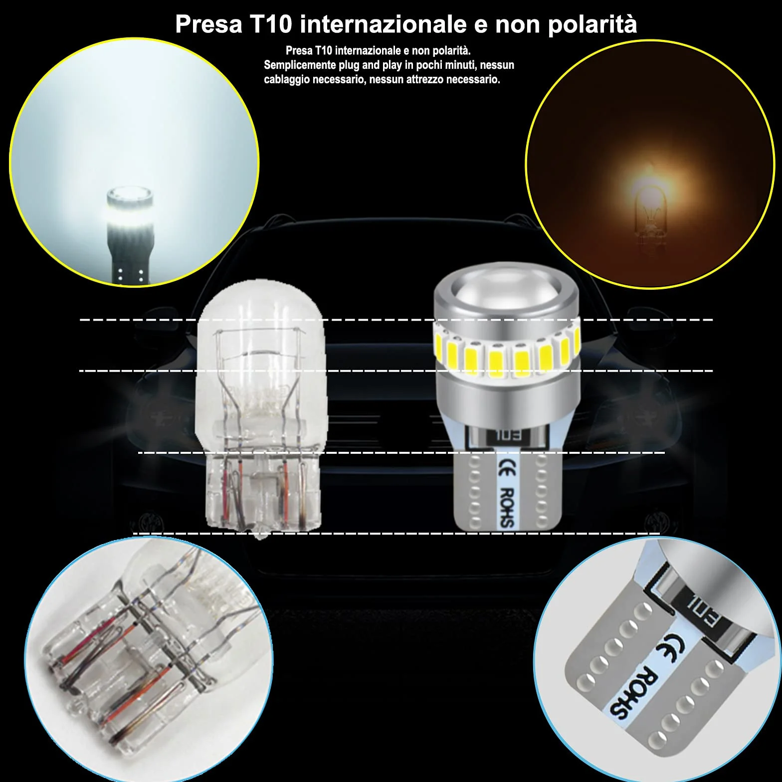 XELORD T10 W5W LED Lampadina 6000K Bianco Cuneo 12V Auto Targa 2 Pezzi