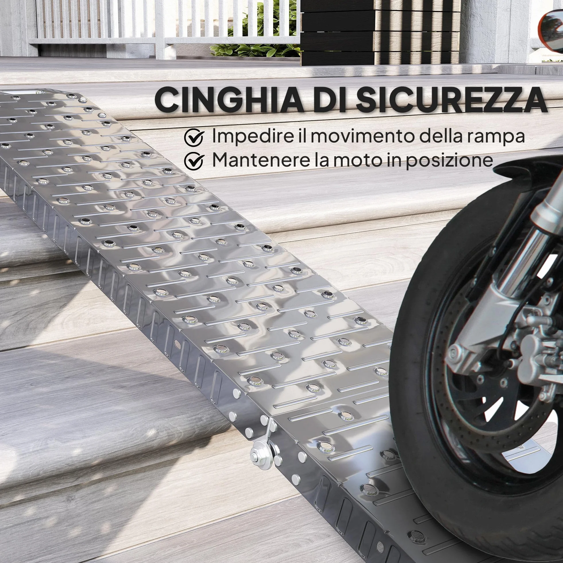 HOMCOM Rampa di Carico Pieghevole in Acciaio con Carico Massimo 230 kg, Rampa per Moto Antiscivolo Salvaspazio per Ruote Larghe 22 cm, per Motociclette e Bici, 190x22x8 cm, Argento