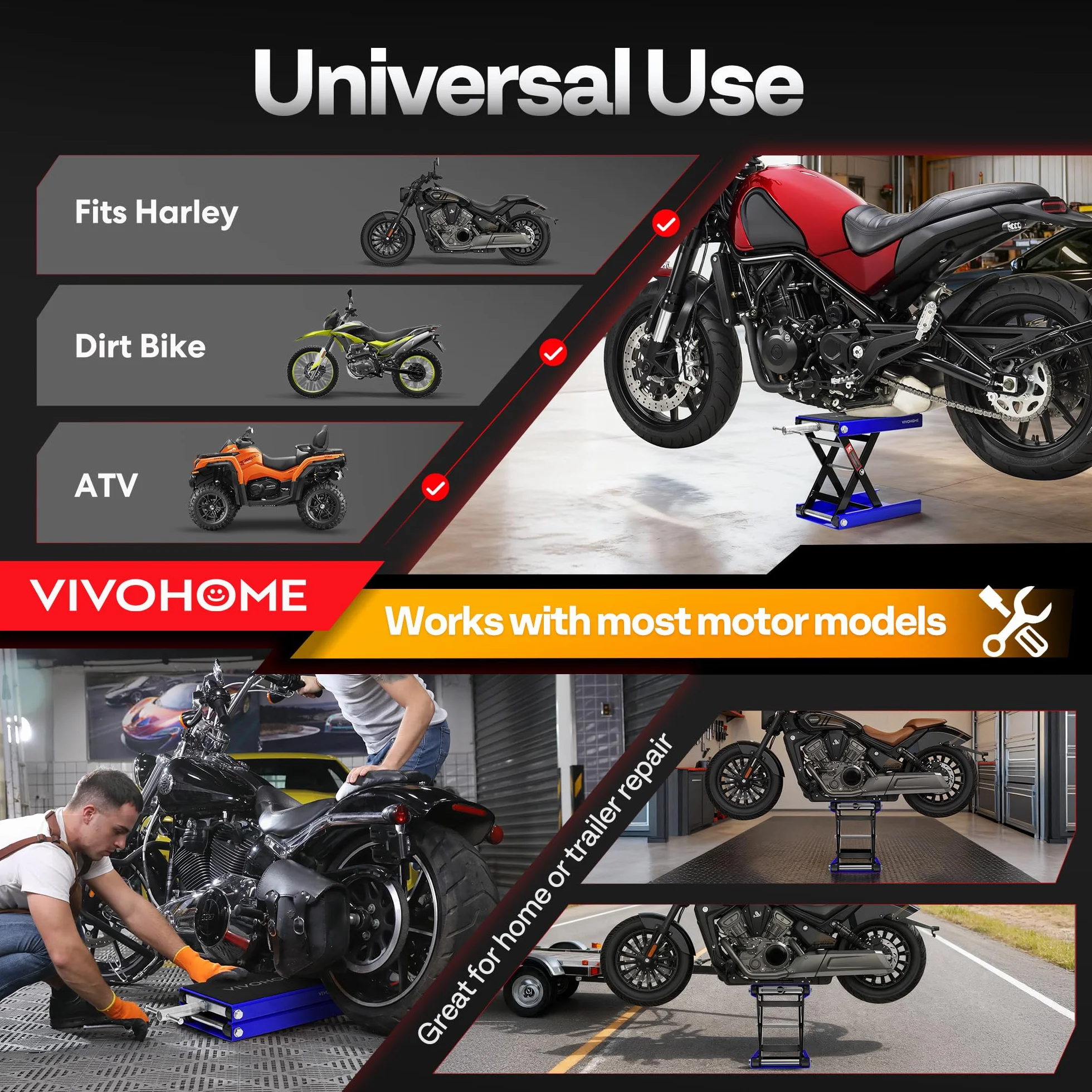VIVOHOME Martinetto a forbice per moto 500 kg regolabile in altezza acciaio resistente
