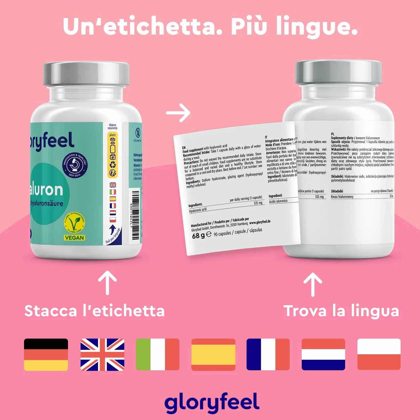 Acido Ialuronico Integratore 525mg Alto Dosaggio 500-700 kDa 90 Capsule Vegan