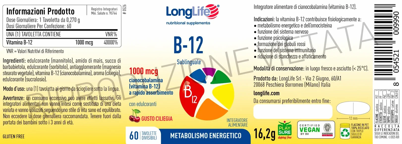 LongLife B12 1000 mcg Vitamina B12 Sublinguale 60 Tavolette Vegano Senza Glutine