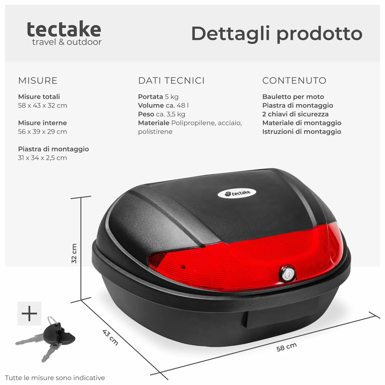 Tectake Bauletto Moto 48 Litri Top Case Universale Valigia Posteriore 2 Caschi Serratura