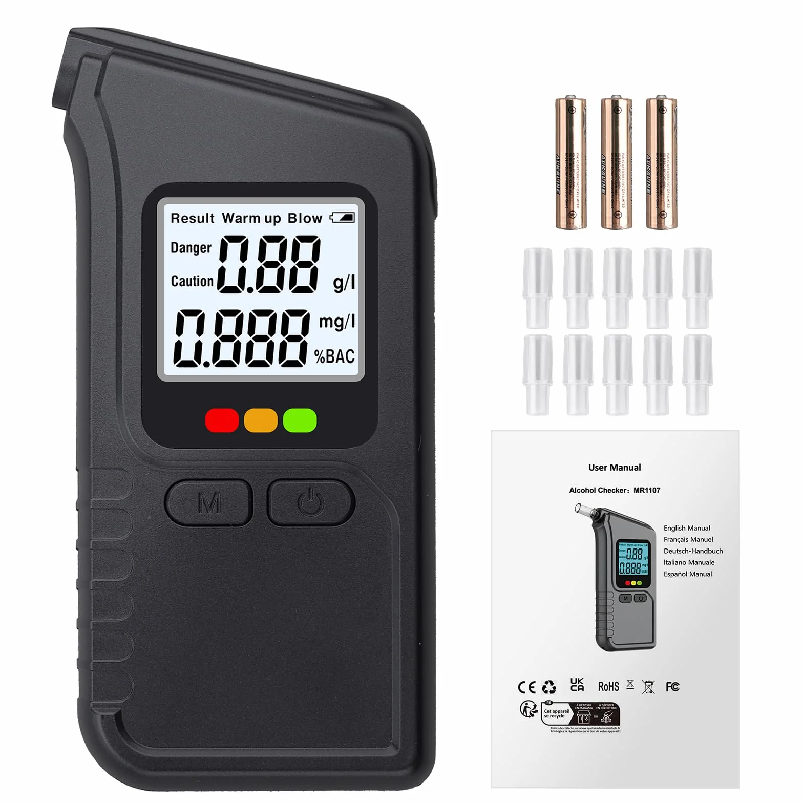 Proster Etilometro Portatile con Display LCD, Sensori Doppi, Misurazione Alcol nel Respiro, Include 10 Bocchini e Batterie