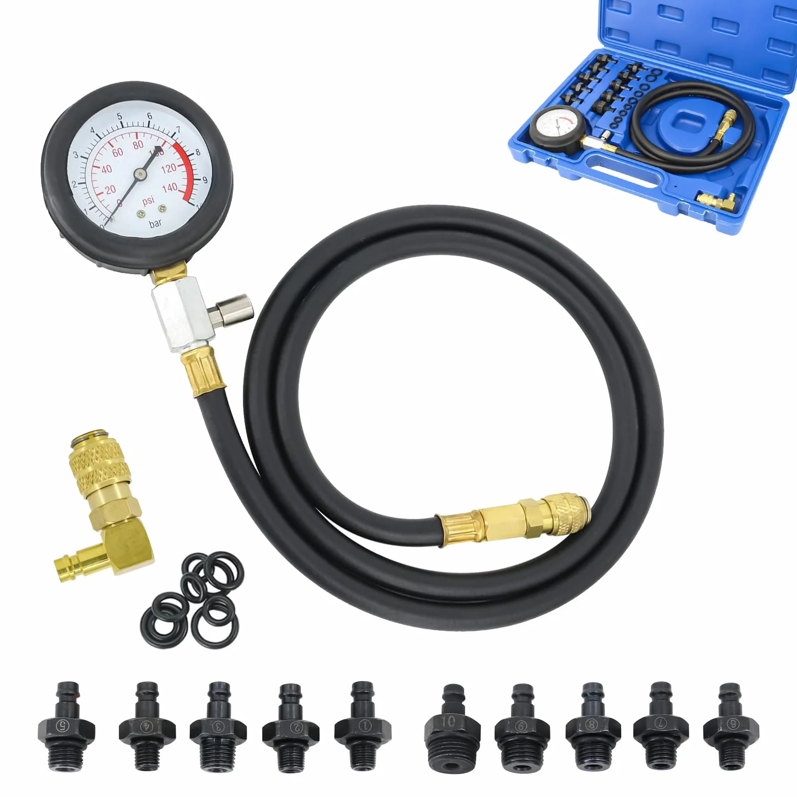 FreeTec Tester Pressione Olio, 0-140 PSI Manometro Pressione Olio Motore, Kit Misurazione Pressioni Oli, Attrezzo Prova Pressioni Oli Auto con Tubo e Adattatori per VW BMW Opel Ford Fiat (Blu)