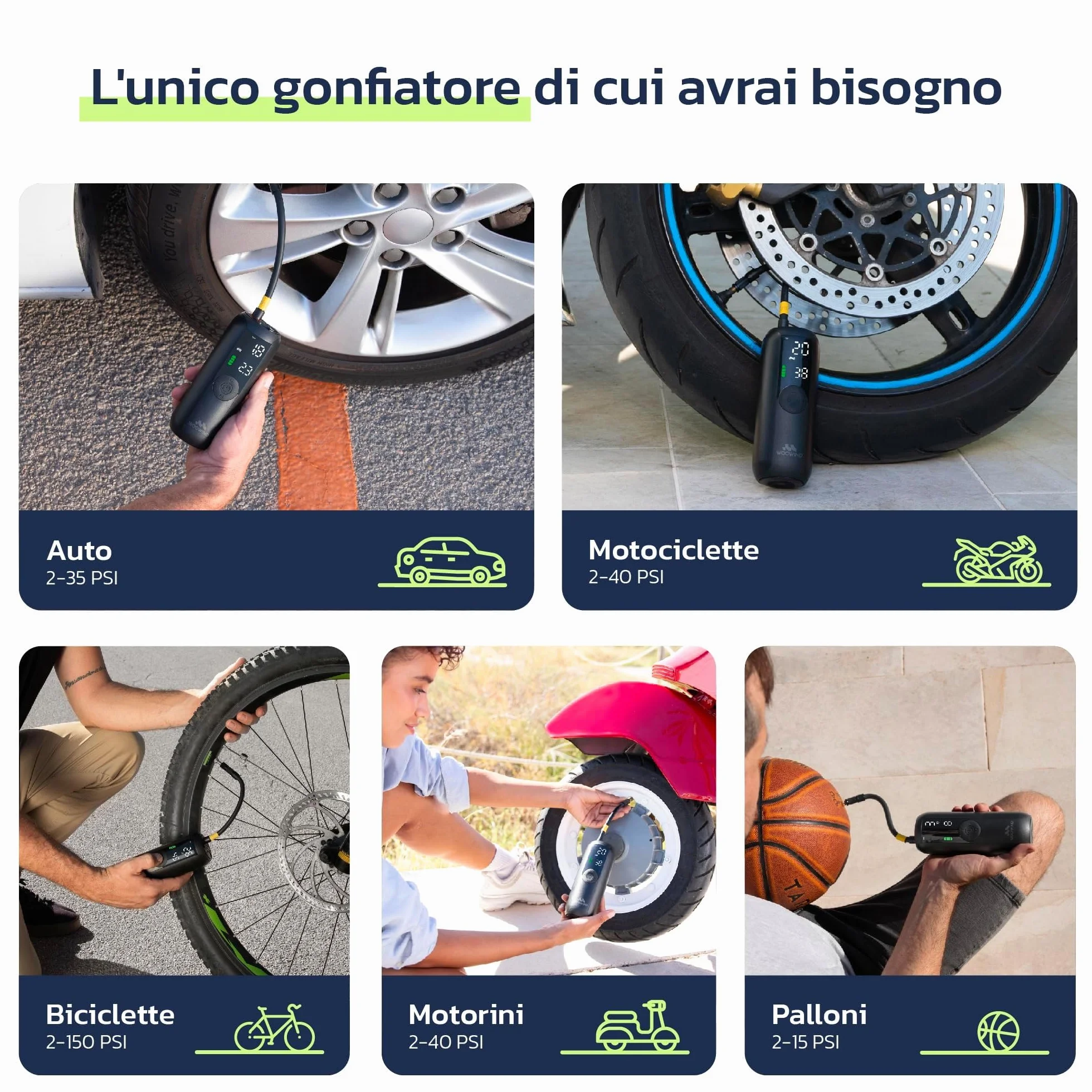 Woowind Compressore Aria Portatile 150PSI Pompa Elettrica per Bicicletta con Spegnimento Automatico Schermo LCD Luce LED