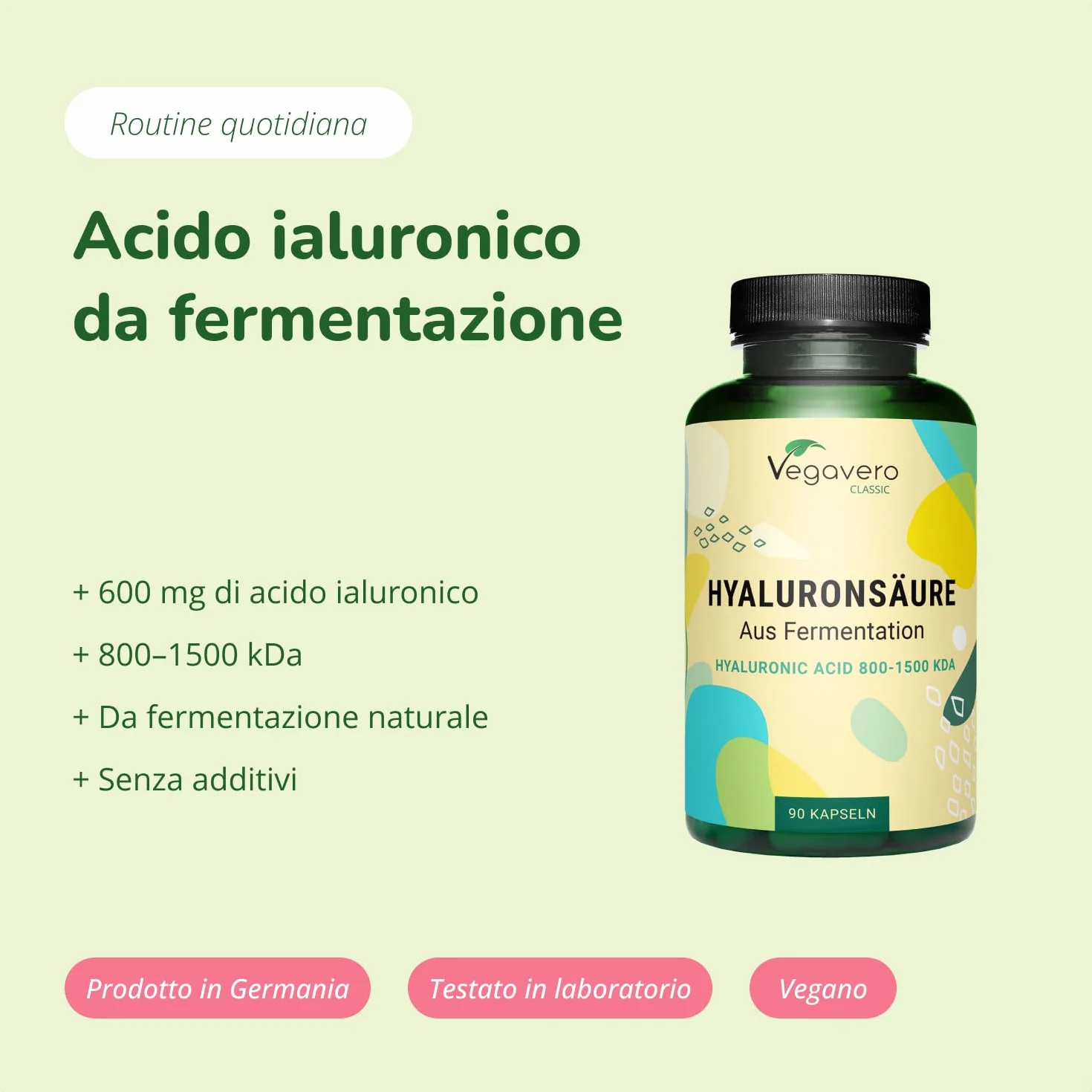 Vegavero® Acido Ialuronico Integratore 600 mg 800-1500 kDa 90 capsule Vegan Naturale