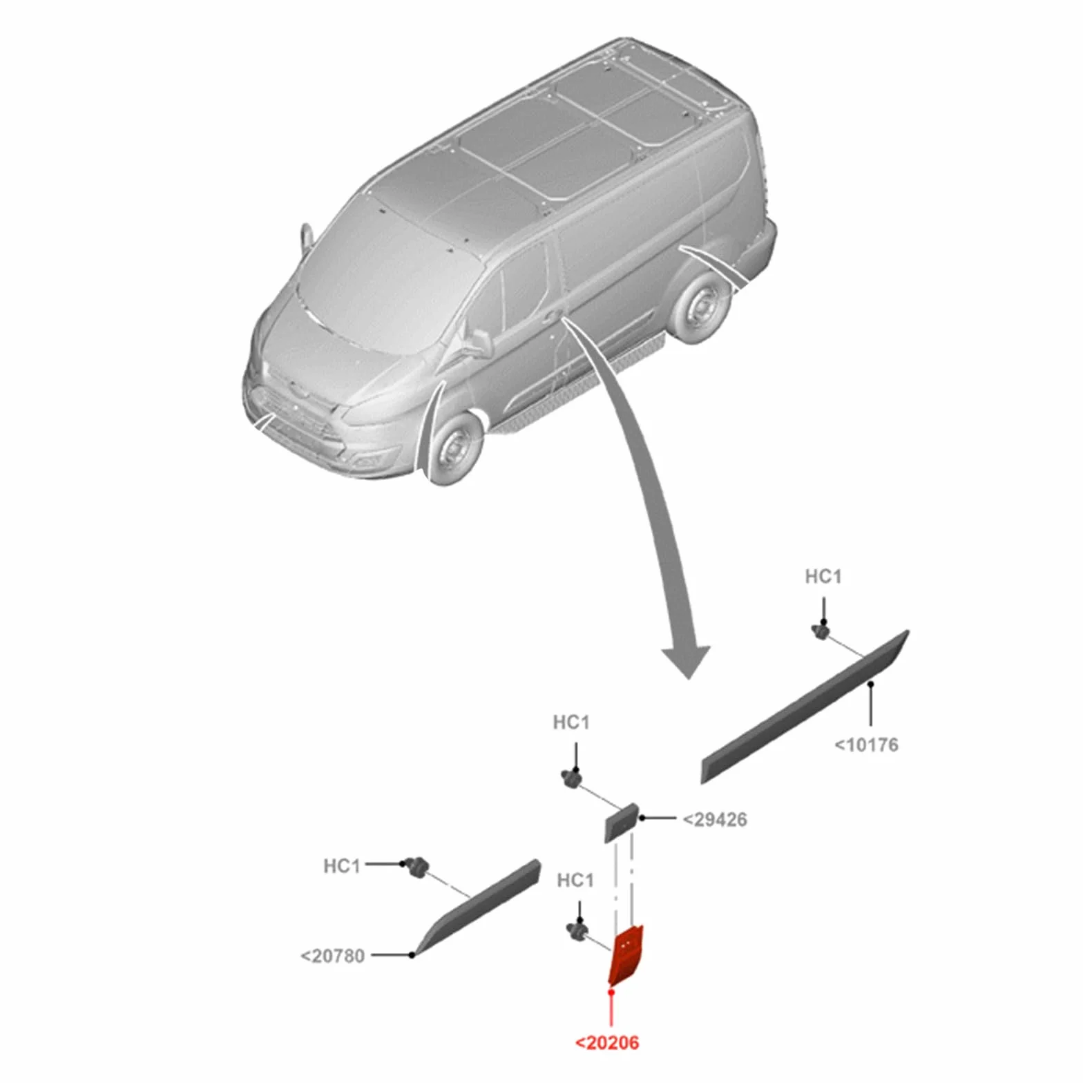 Coprimollatura per Pilastro B Laterale Sinistro Inferiore con Clip Ford Transit Custom 2016-2023 Tourneo Custom