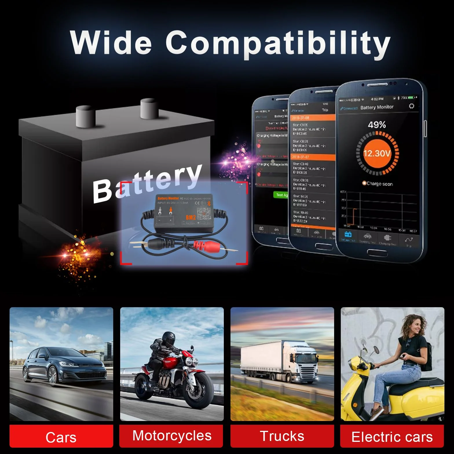 Monitor Batteria Bluetooth 4.0 Wireless Battery Tester, Car Charging Start e Alarm System Monitor Analizzatore Batteria Digitale Adatto a 12V Sistemi Solari Moto Barche Auto Compatibili Android iOS