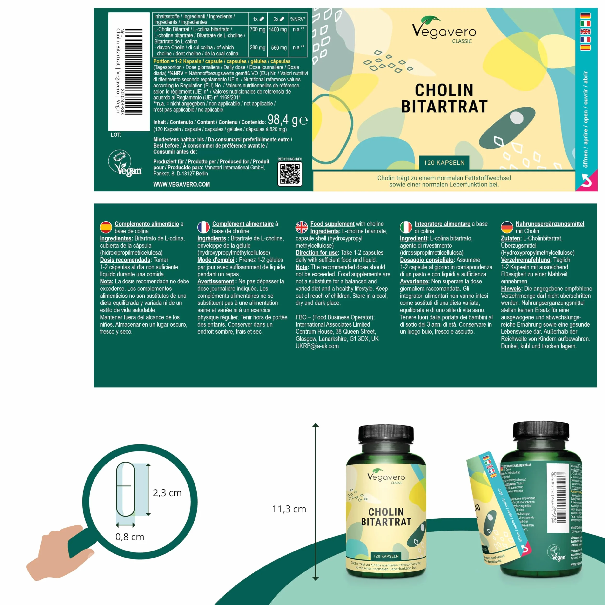Colina Bitartrato 700mg per Capsula Vegavero® - Alta Funzione Epatica e Cognitiva, Vegan, Senza OGM