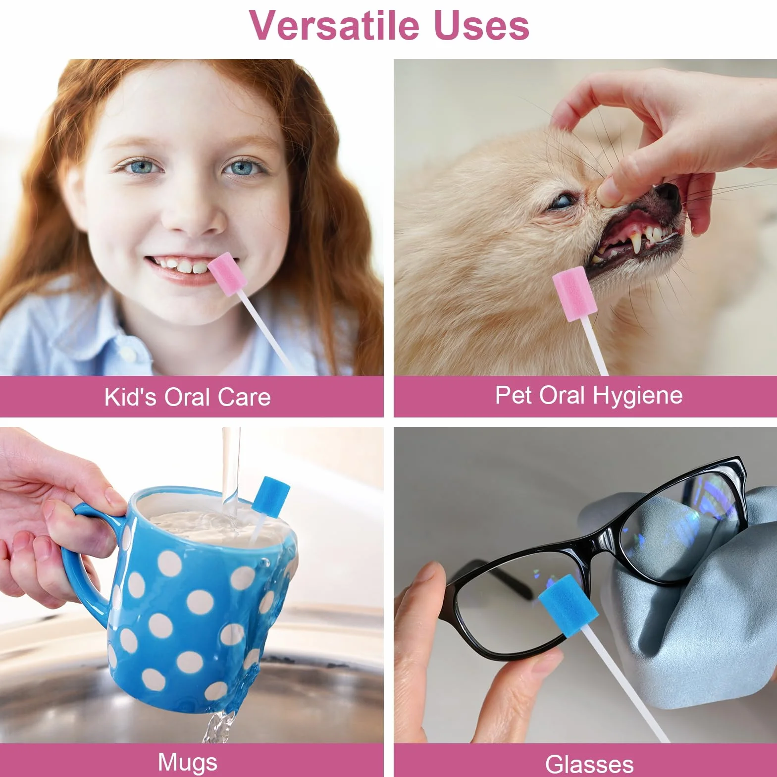 100 Pezzi Tamponi Monouso per Igiene Orale, Spugna per Pulizia Bocca per Adulti, Bambini, Animali Domestici (Blu & Rosa)