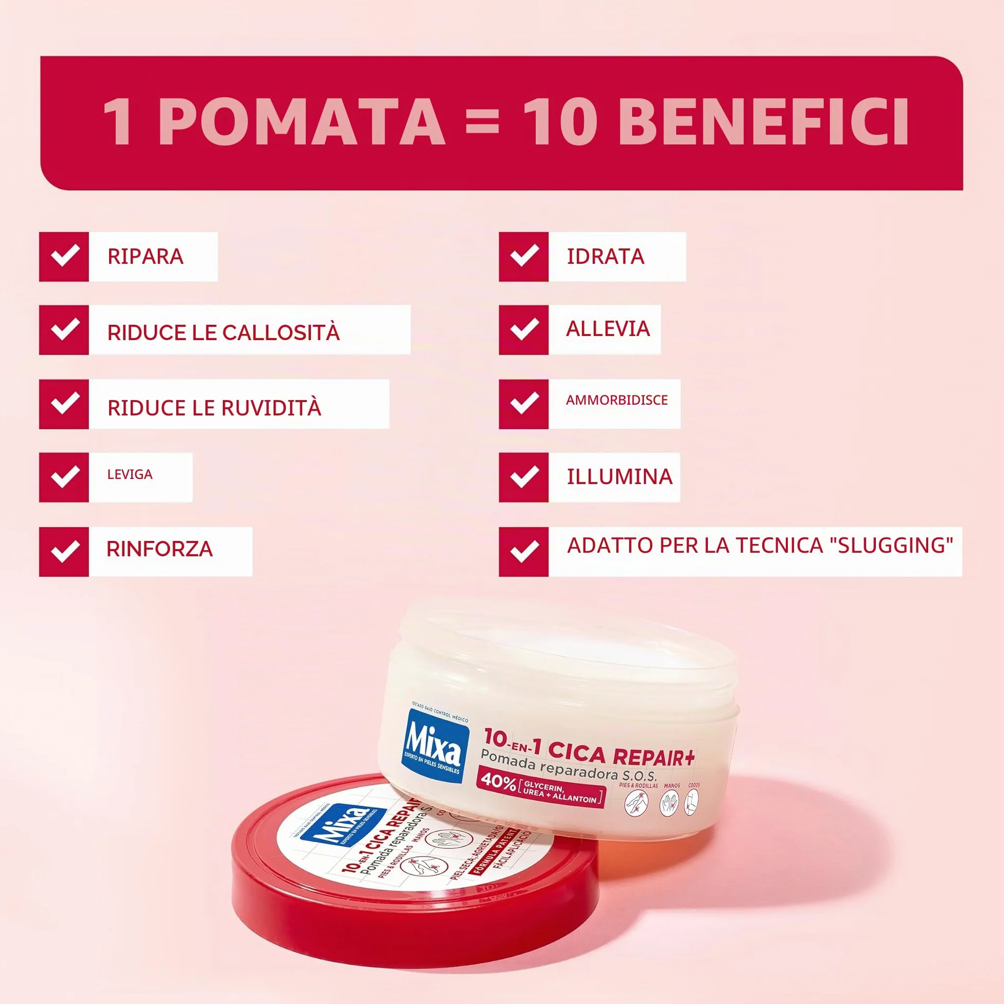 Mixa Cica Repair+ 10 in 1 Pomada riparatrice S.O.S. 40% Glicerina + Urea + Allantoina 150 ml