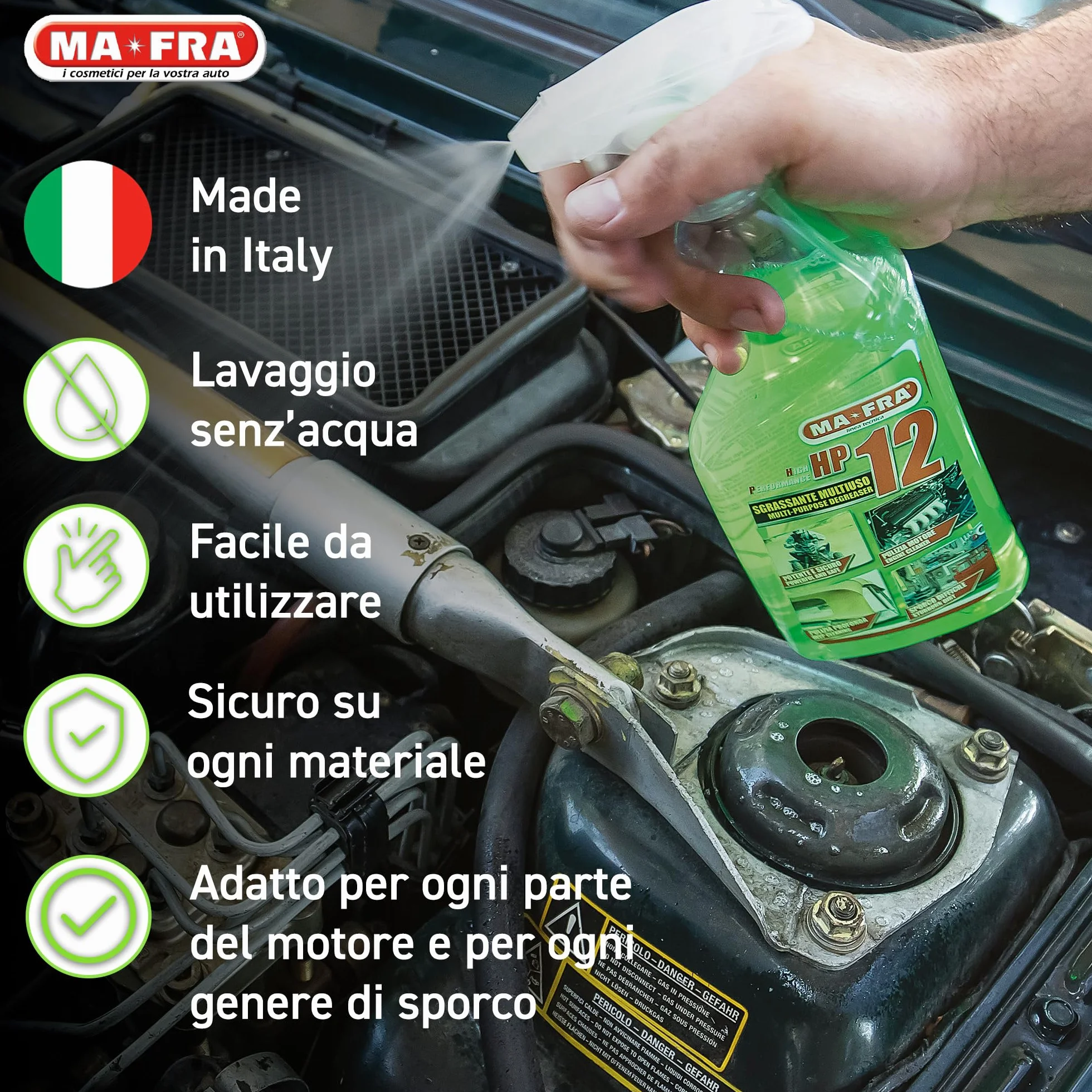MAFRA, HP12, Sgrassatore Universale Multiuso con Formula Attiva, Adatto a Tutte le Superfici, Potente e Sicuro sulle Parti Trattate, Ideale per Pulizia Auto, Moto e Camper, Formato 500ml