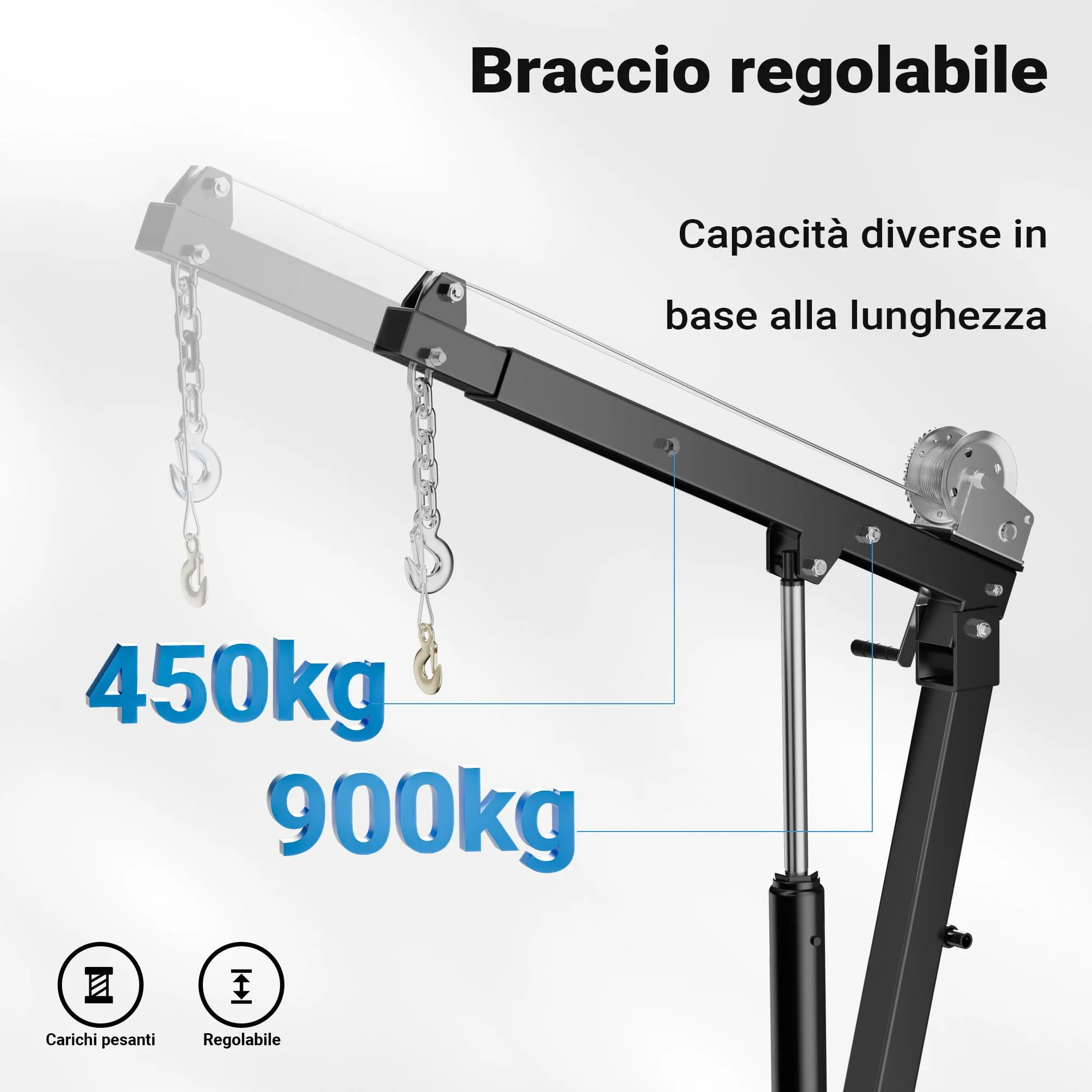 Wiltec Mini gru di sollevamento idraulica con verricello 900 kg 1800 mm girevole 360°