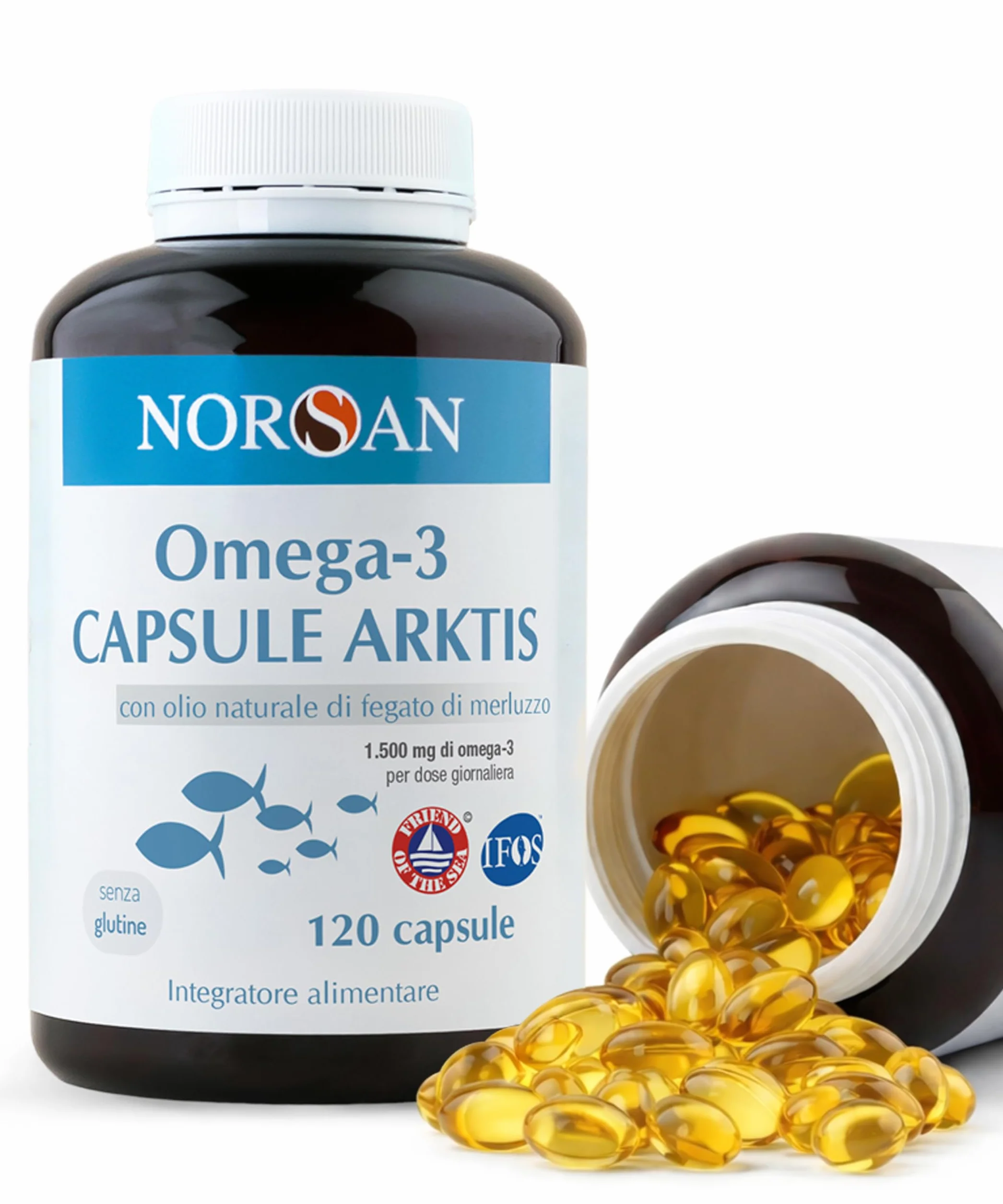 NORSAN Omega 3 Capsule Arktis 1x120 pz 1.500 mg EPA DHA Olio di fegato di merluzzo IFOS senza reflusso