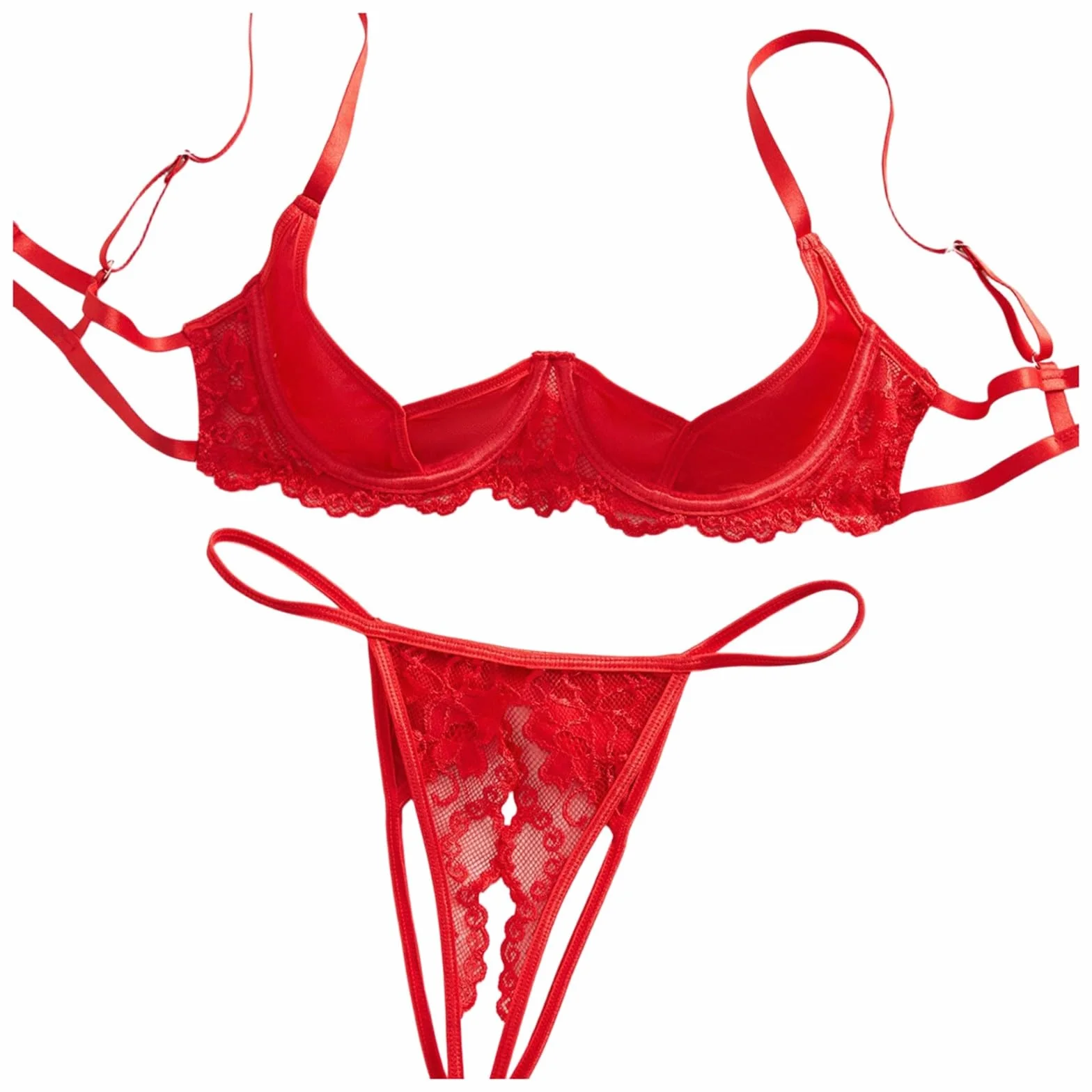 Set di biancheria da donna in pizzo rosso 2 pezzi reggiseno aperto perizoma