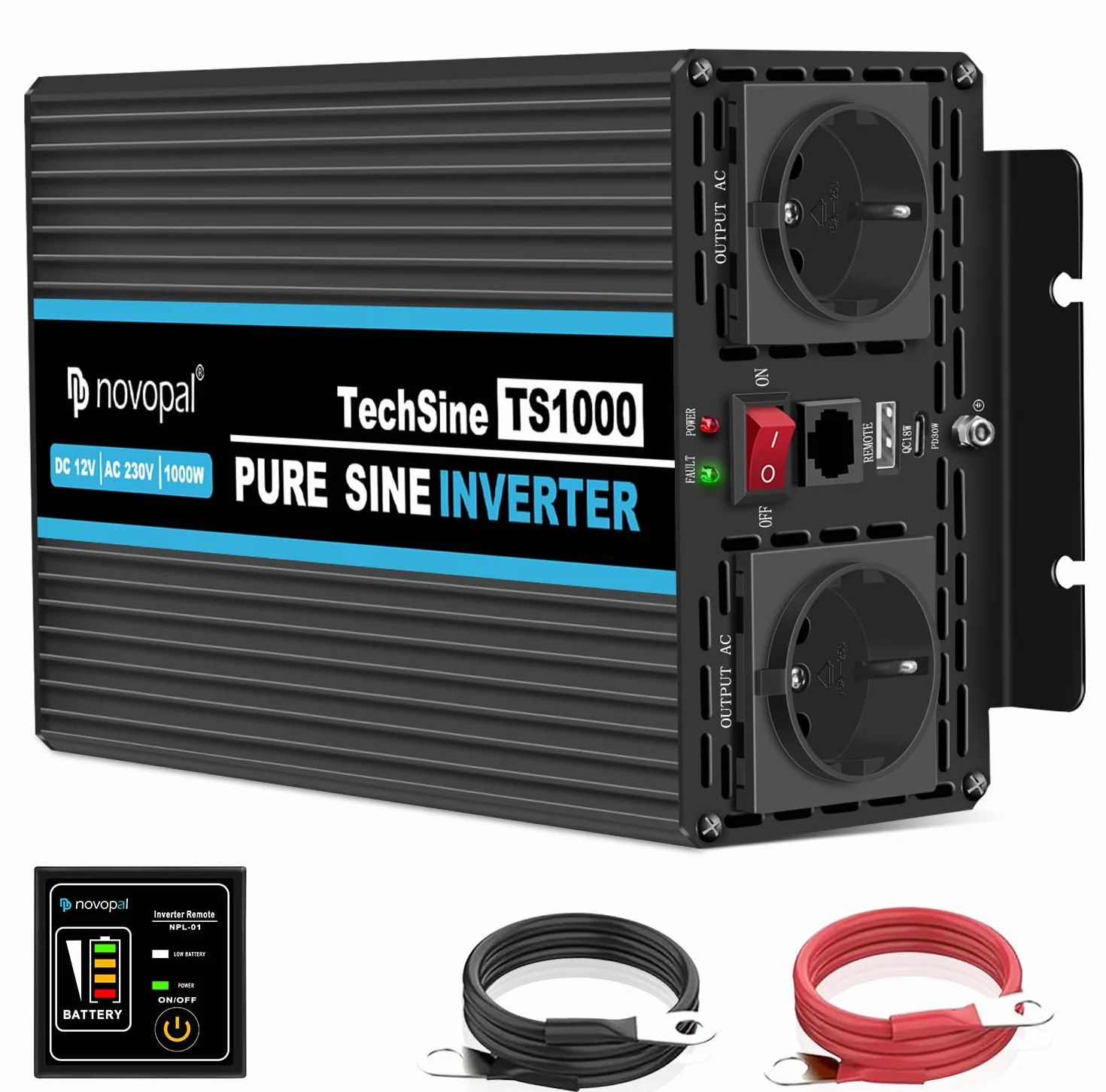 Novopal Inverter di Potenza 1000W Onda Sinusoidale DC 12V AC 220V 2 EU Presa USB Type-C