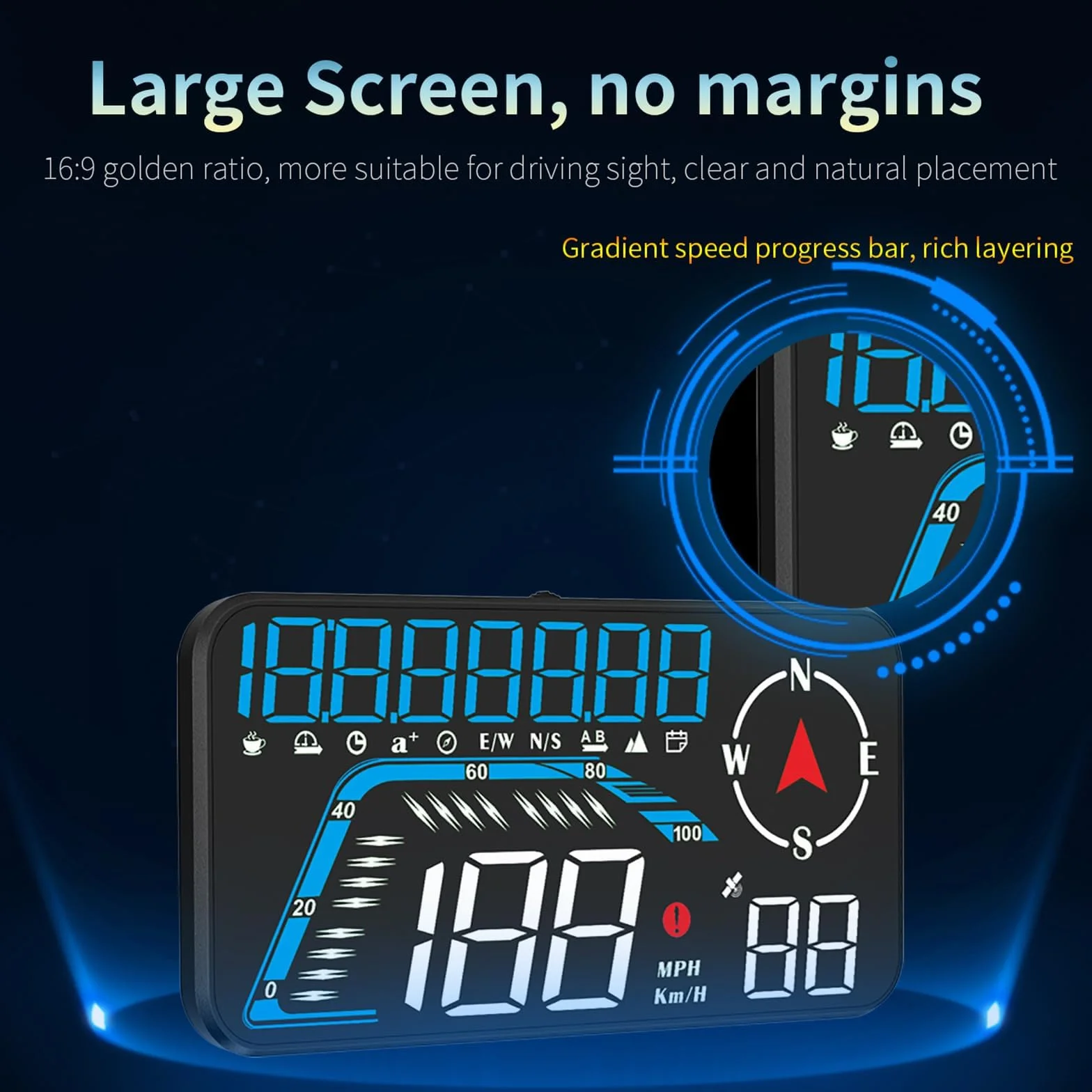 Ampio display Screen Car Head up, KM/H e MPH, AMROOLOO GPS, tachimetro con promemoria di velocità e fatica, adatto per tutti i veicoli