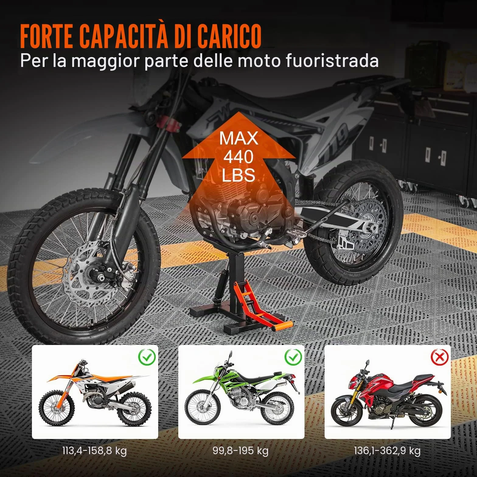 VEVOR Ponte Sollevatore Idraulico per Moto Bici Capacità 200kg Altezza Regolabile 255-460mm