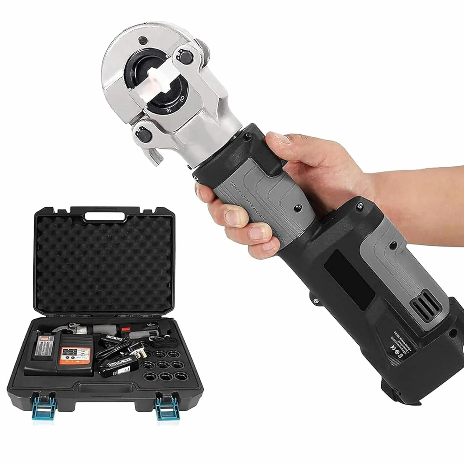 Pinze Crimpatura Idraulica,Pinze Idrauliche Ricaricabili Portatili,Testa Rotazione 360 °,Con 2 Batterie,12 Fustelle,Per Capicorda In Rame E Alluminio