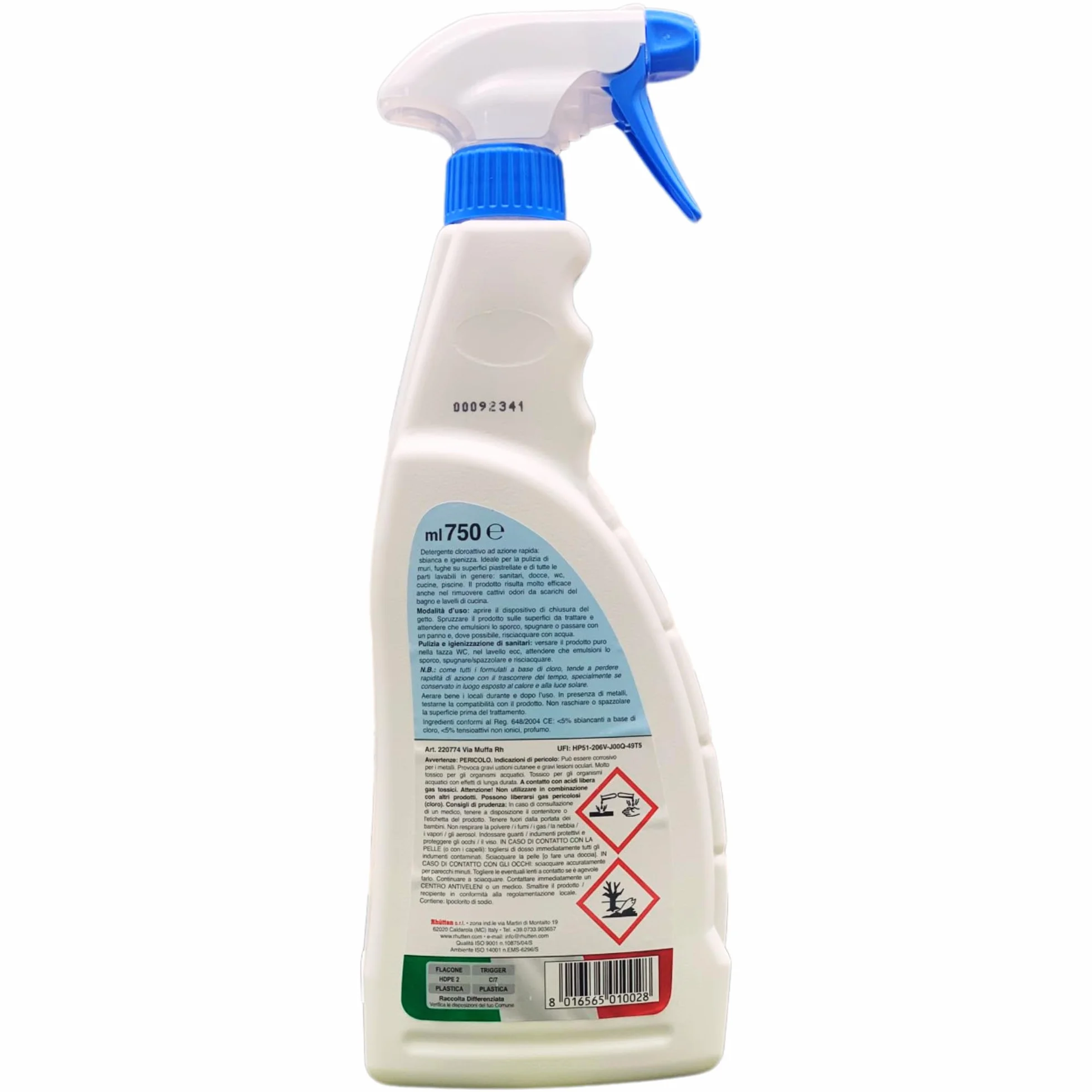 Detergente Spray VIA MUFFA Sbianca Macchie Nere Igienizza Muri Piastrelle Fughe 750ml + Spugna Magica + Guanti HDPE Monouso 2 Flaconi