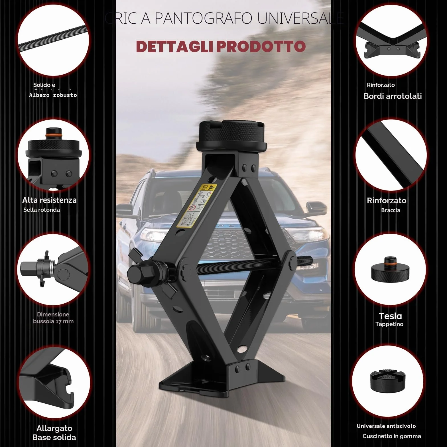 Cric Auto Universale 2.5T/2500kg Tampone Gomma Chiave Dadi Ruota Forbice Kit Emergenza Berline SUV Tesla Model 3/Y/S/X