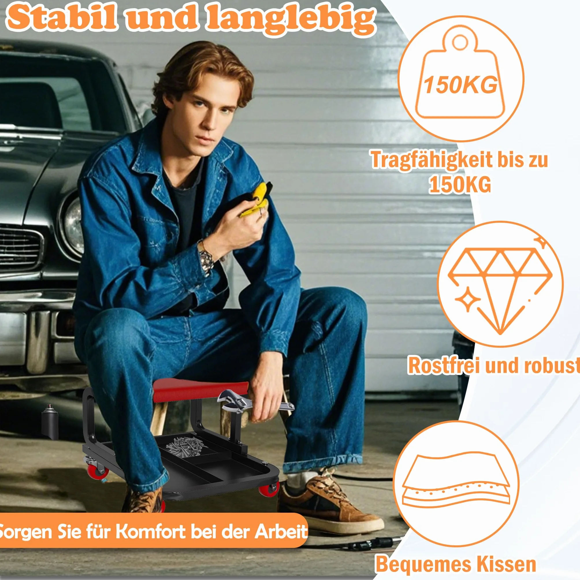 HENGMEI Sgabello da officina con rotelle a 360°, con scatola di immagazzinaggio (tipo C)