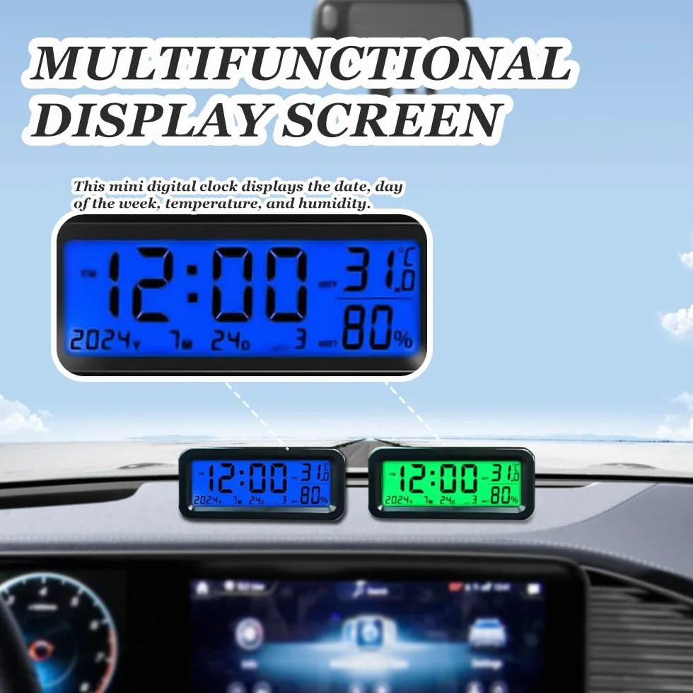 Mini Orologio Digitale da Auto Solare Cruscotto 8x3x3.5 cm Display LCD Temperatura