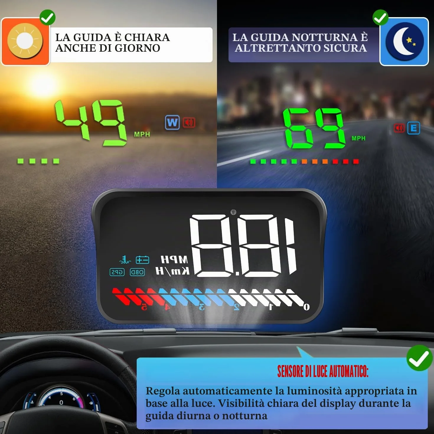Auto HUD Display OBD2 & HUD Display GPS Dual System, Tachimetro Auto Misuratore di temperatura dell'acqua Misuratore di velocità del motore Allarme di sicurezza applicabile a tutti i veicoli