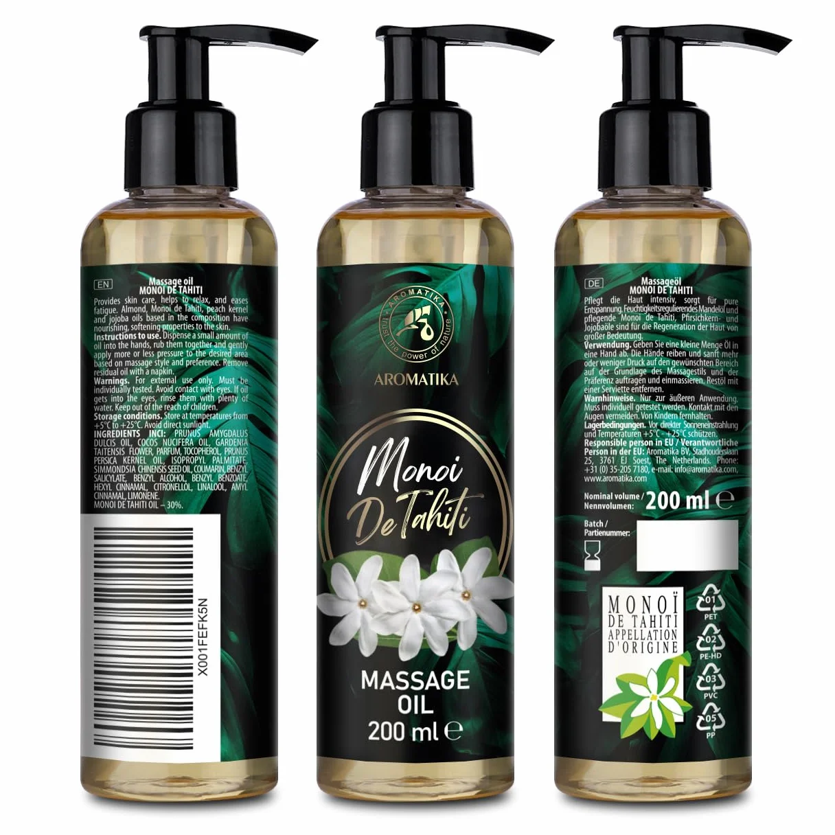Olio da Massaggio Monoi de Tahiti 200 ml - Olio di Cocco - Estratto di Fiore di Gardenia - Cura del Corpo