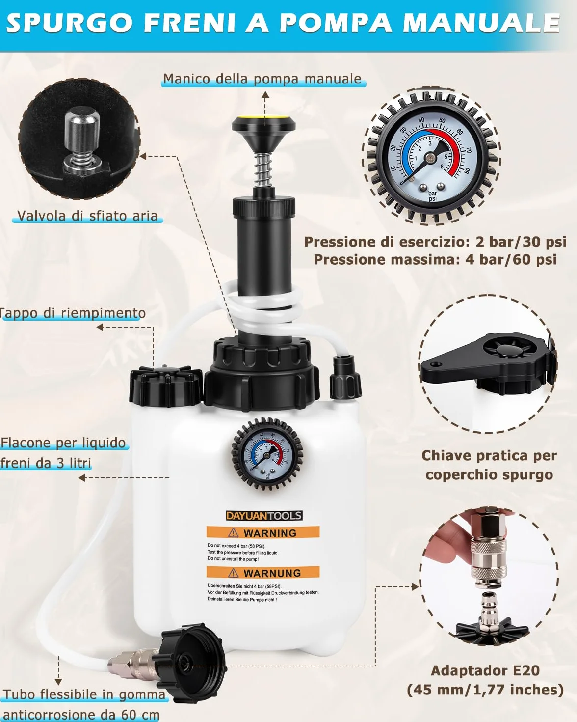 DAYUAN Spurgo Freni 3L Auto Cambio Liquido Freni con Contenitore 1L Aspirazione E20 ø43mm