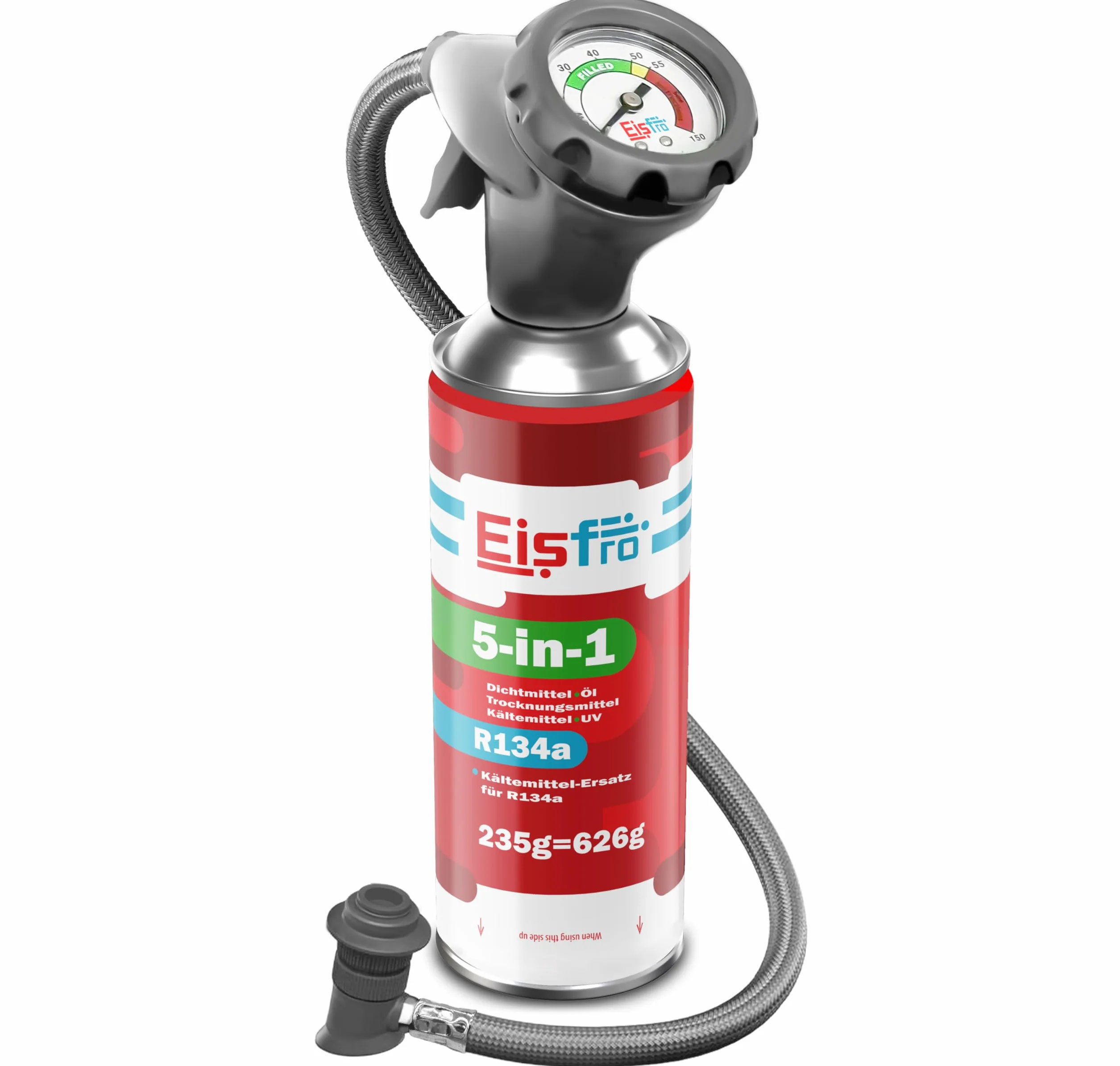 5-in-1: Refrigerante R134a + Tubo flessibile, 3 bombolette da 235 g per climatizzatori auto con olio, additivo sigillante, colorante UV, agente disidratante – Protegge il compressore