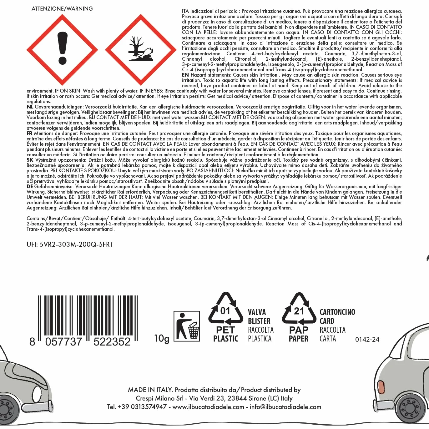 IL BUCATO DI ADELE Profumatore Per Auto Bianco Puro 10g