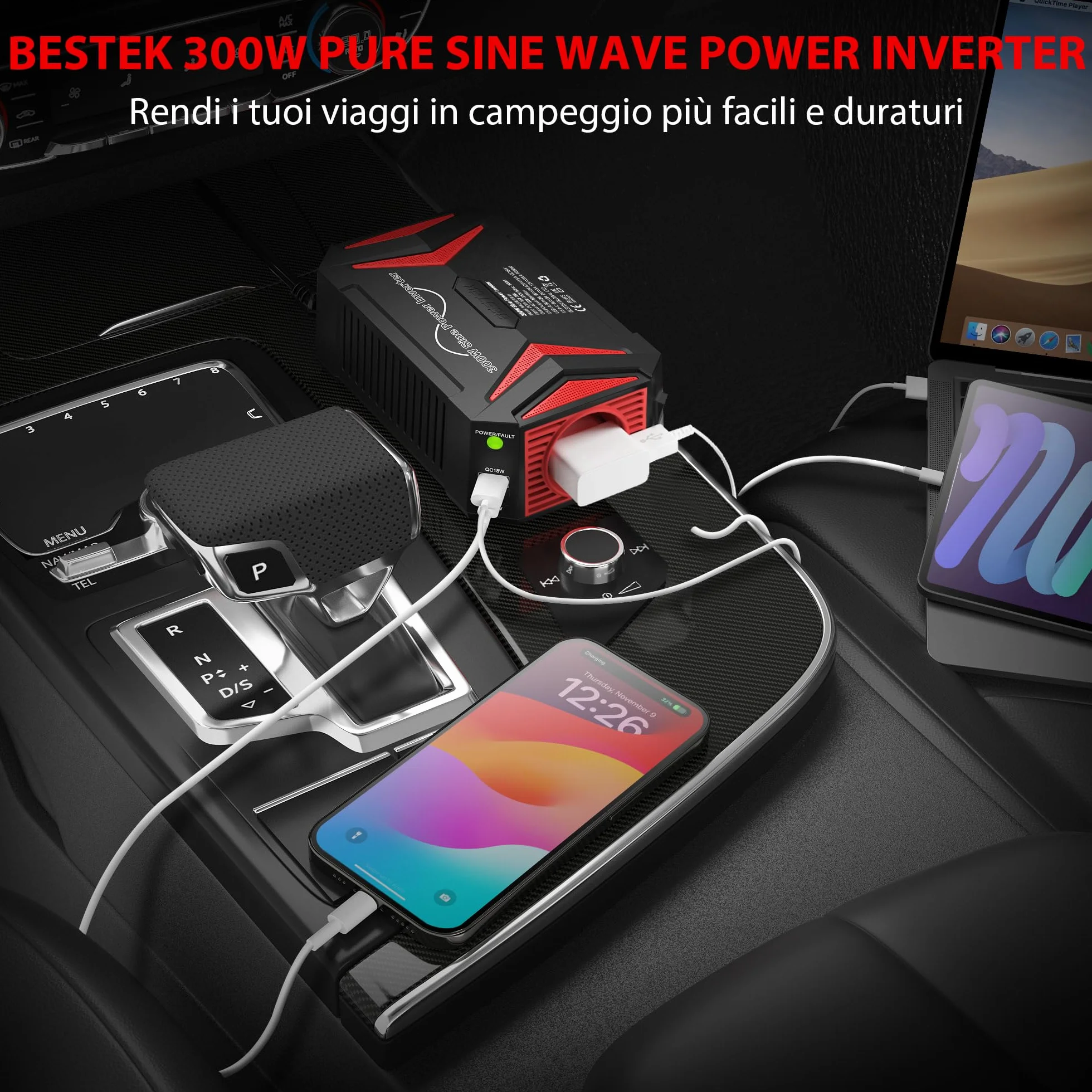 BESTEK Inverter Onda Pura 300W 12V-220V z PD30W QC18W 2 USB
