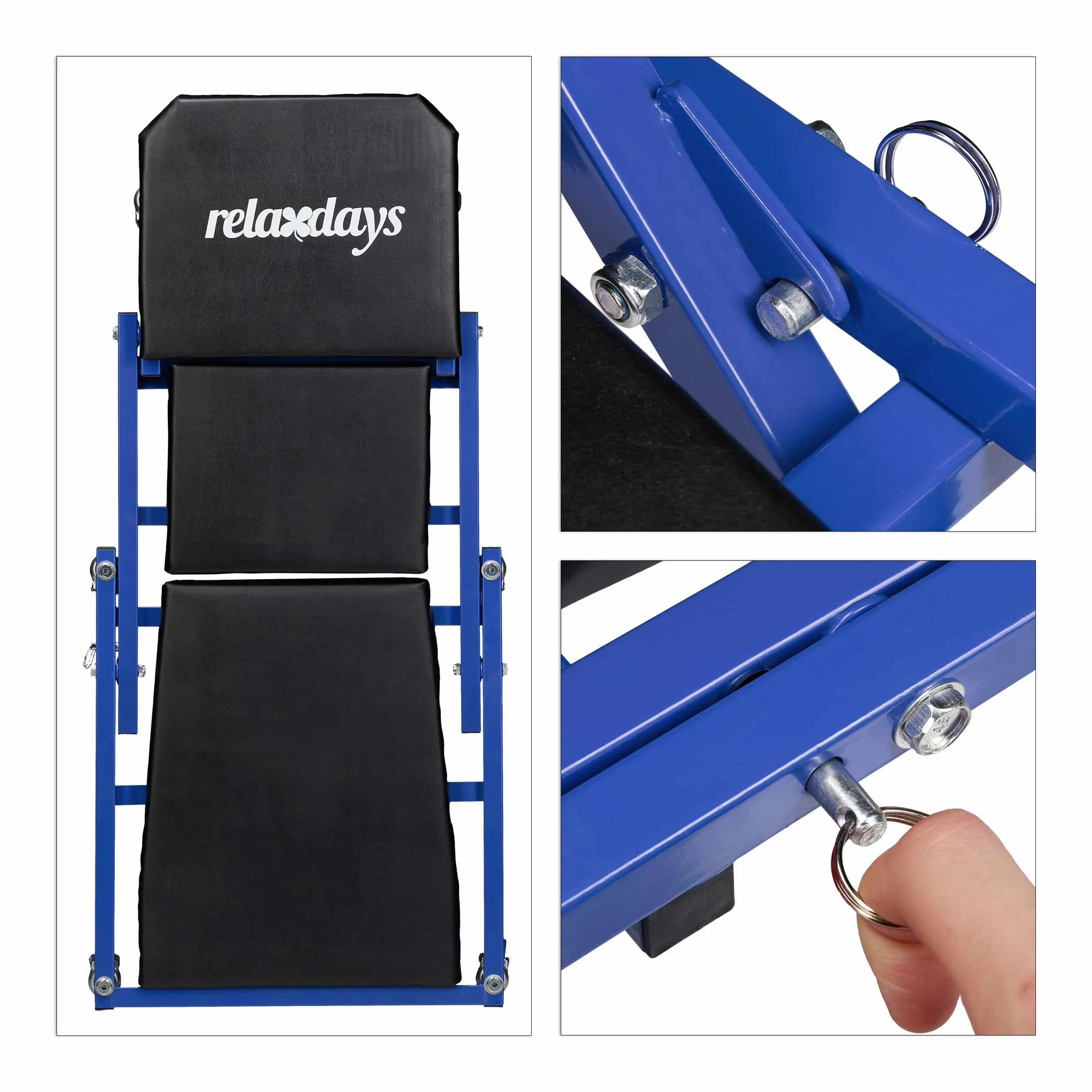 Relaxdays Sgabello Officina Pieghevole con Ruote 360° 150 kg Acciaio Nero Blu