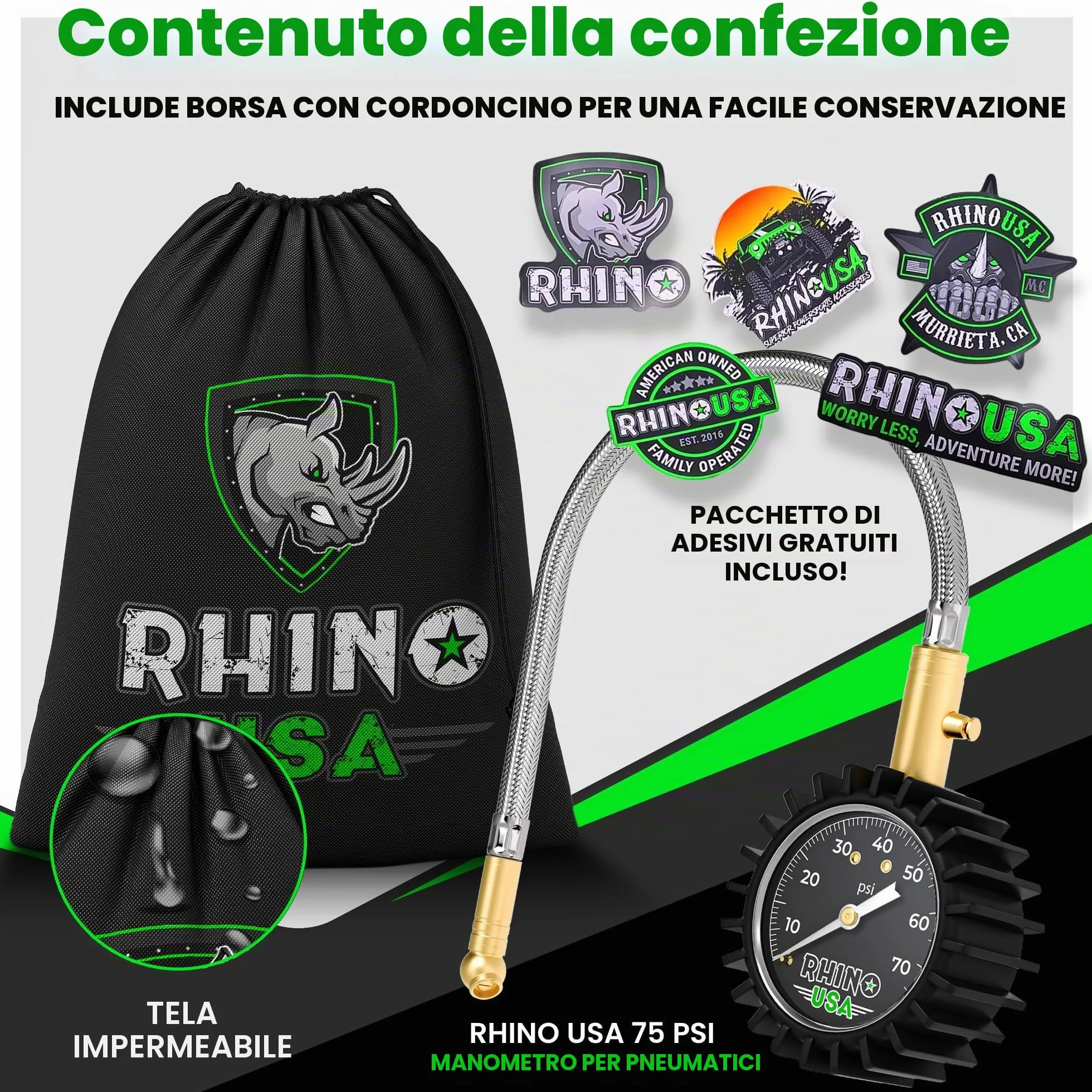 Rhino USA Manometro Pressione Gomme 0-75 PSI - Accuratezza Certificata ANSI B40.1, Quadrante 5 cm - Manometro Auto Camion Moto